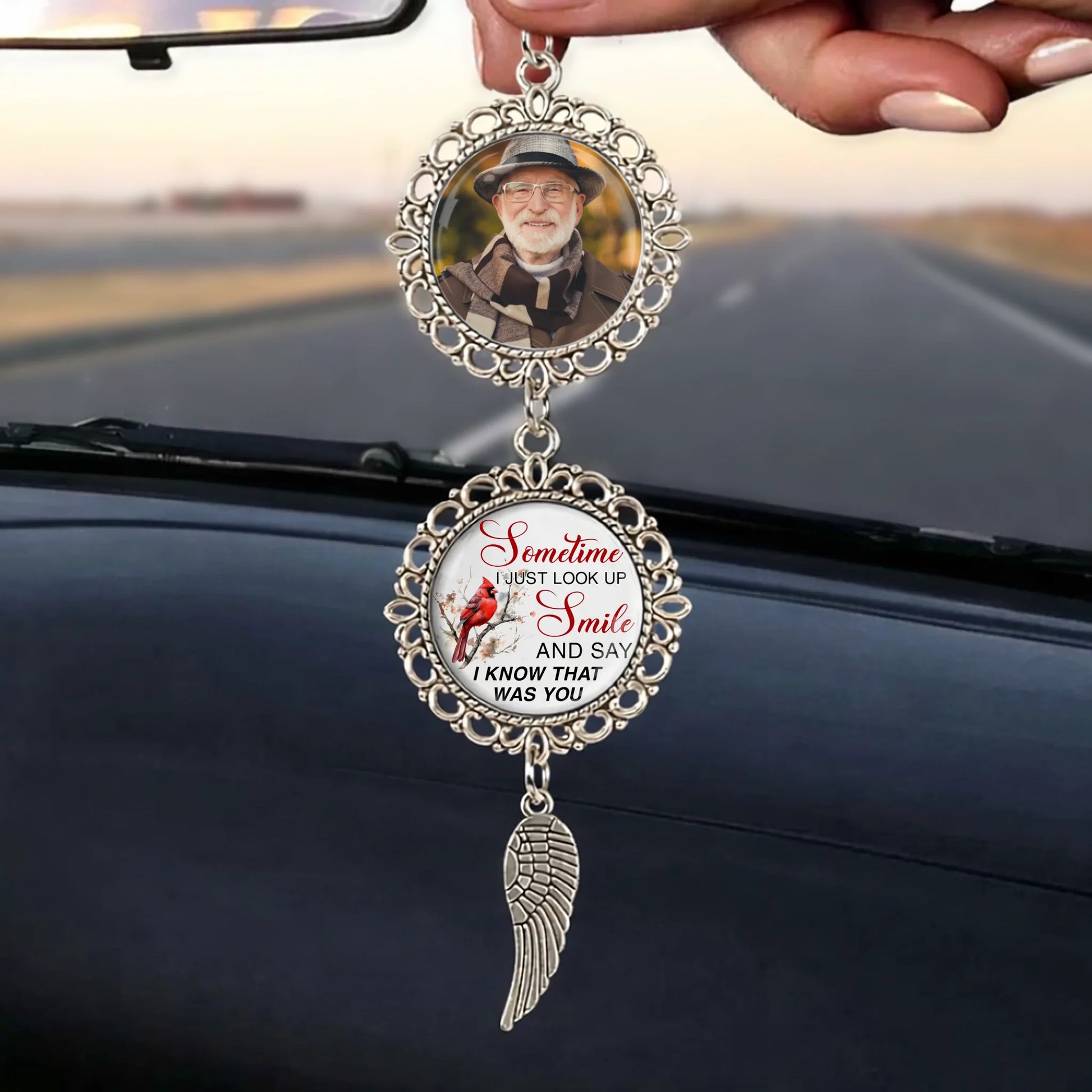 Custom photo memorial car charm hanging from a rearview mirror