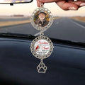 Custom photo memorial car charm hanging from a rearview mirror