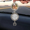 Custom photo remembrance ornament hanging from a rearview mirror