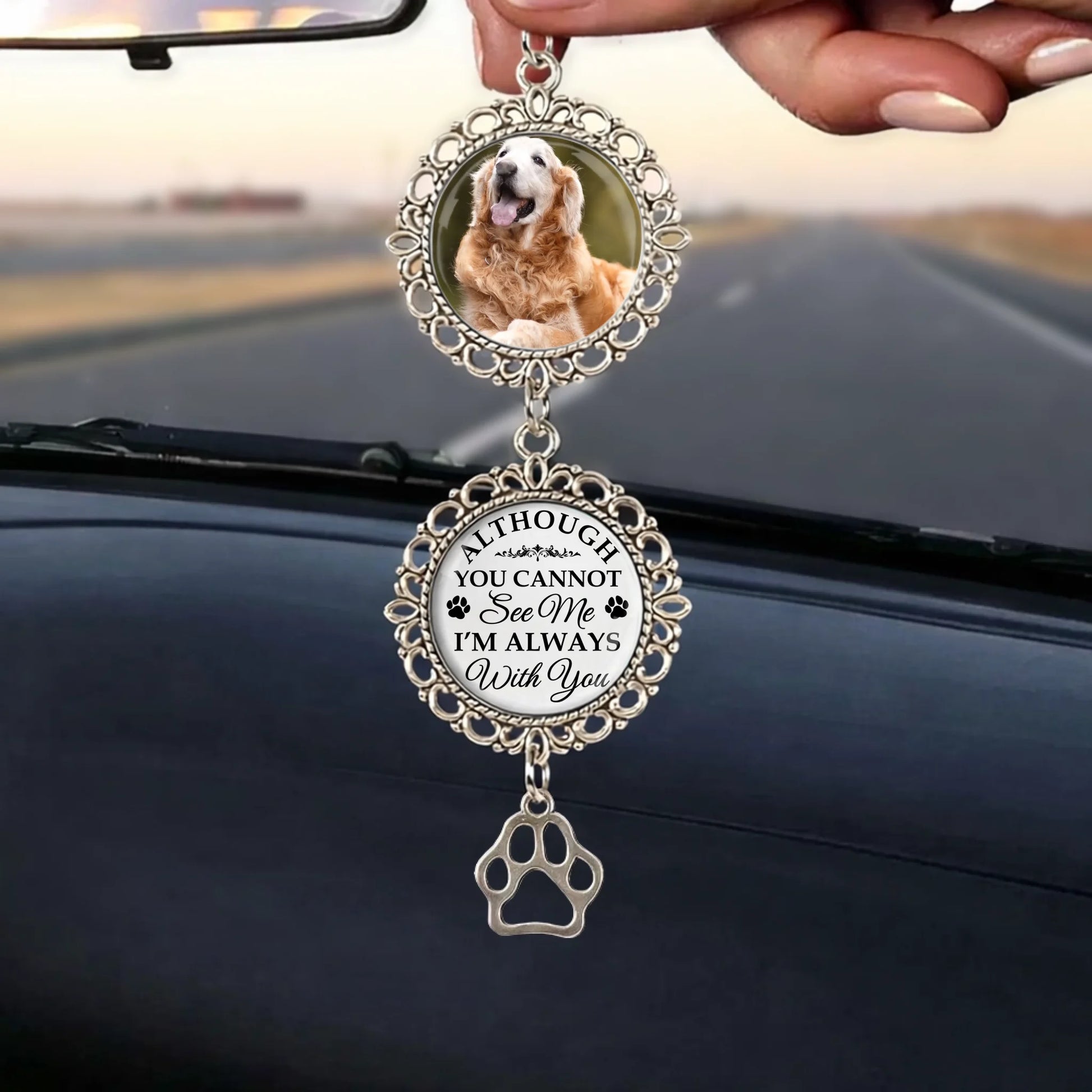Custom photo remembrance ornament hanging from a rearview mirror