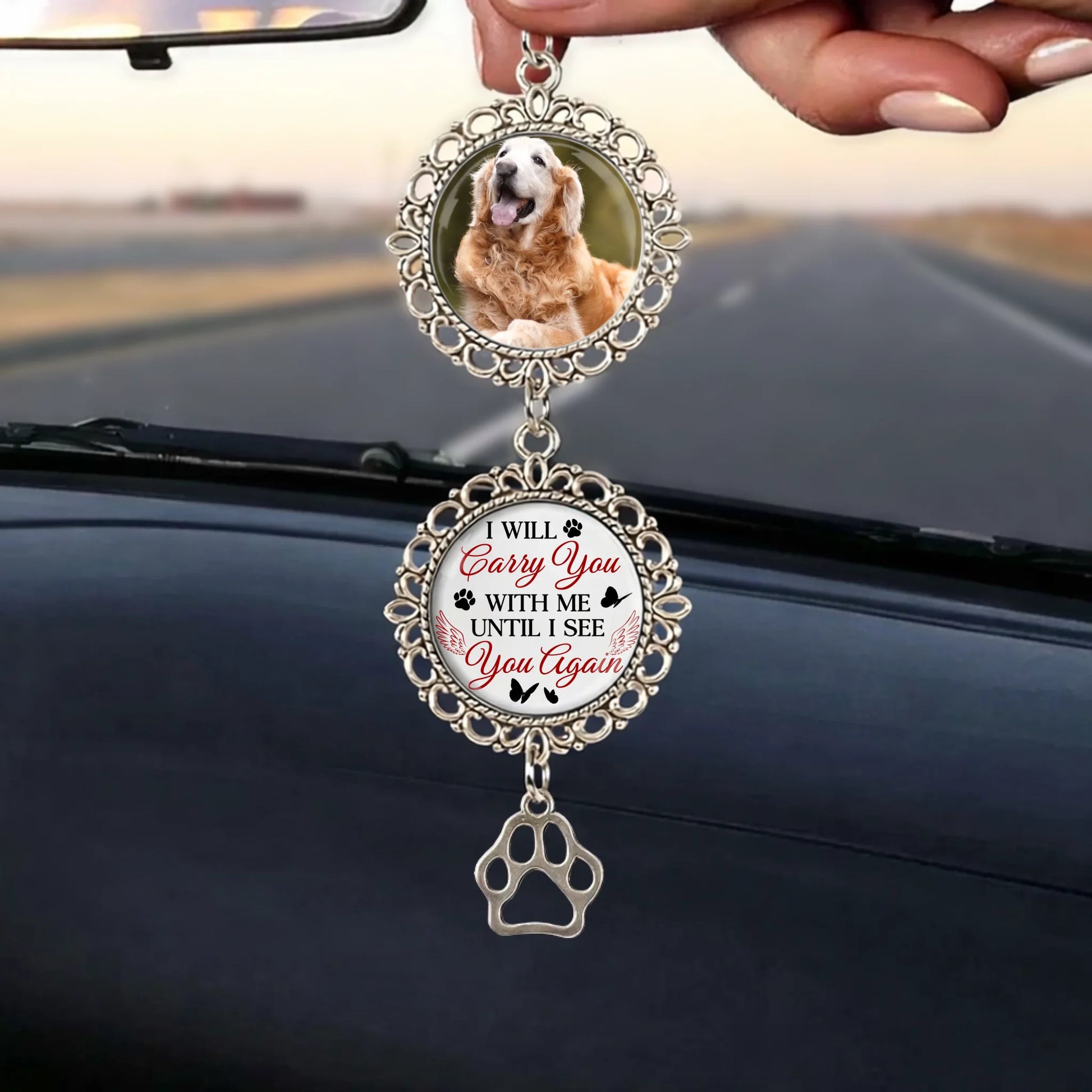 Personalized Pet memorial photo car charm with wing pendant
