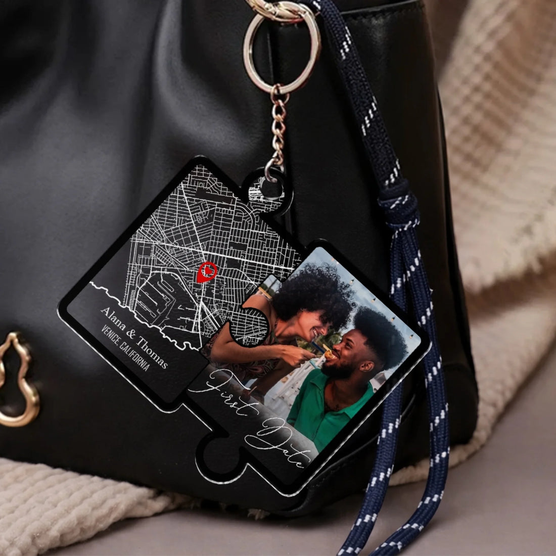 Engaged personalized acrylic keychain with custom photo and map design