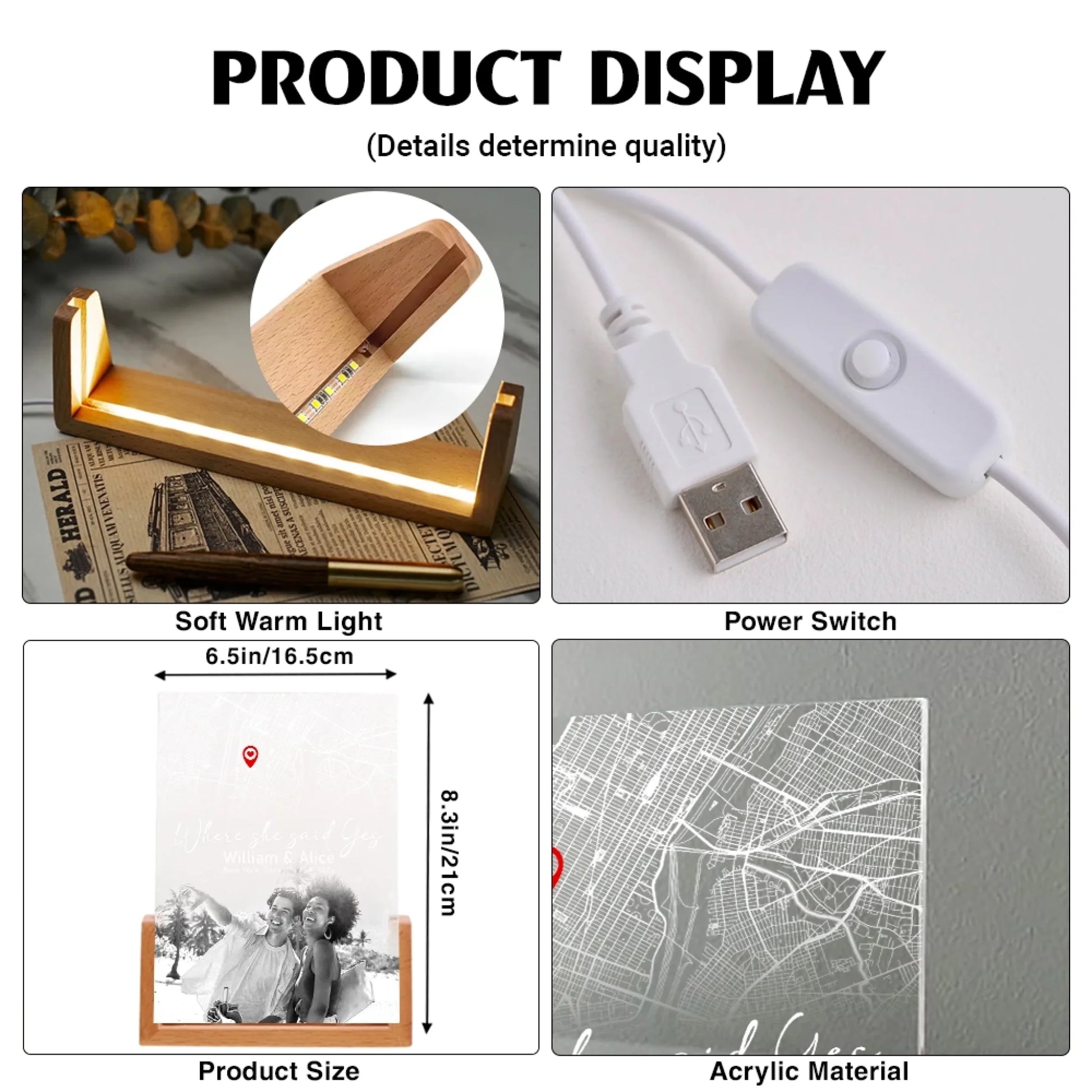 Personalized acrylic night light size chart and specifications