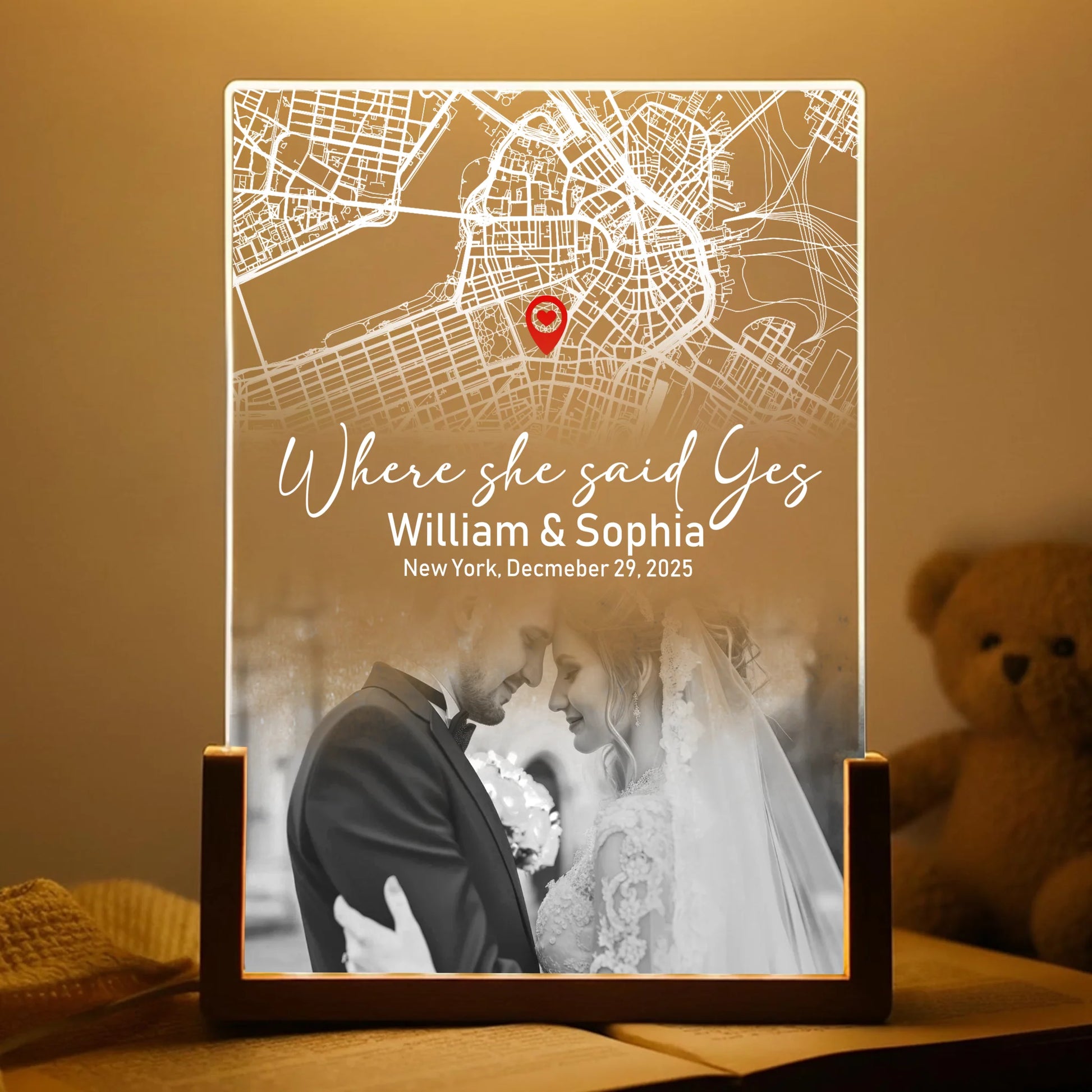 Where she said yes personalized acrylic night light with photo and proposal coordinates