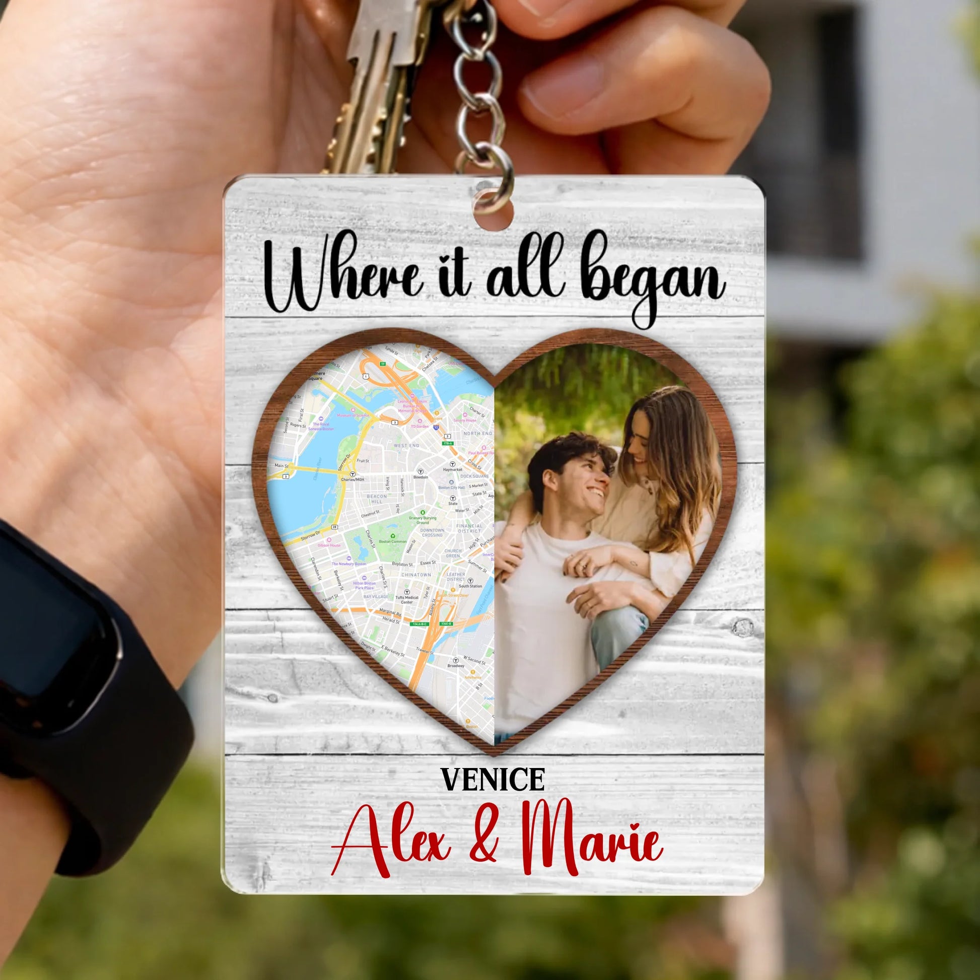 Where it all began personalized acrylic keychain with photo and location