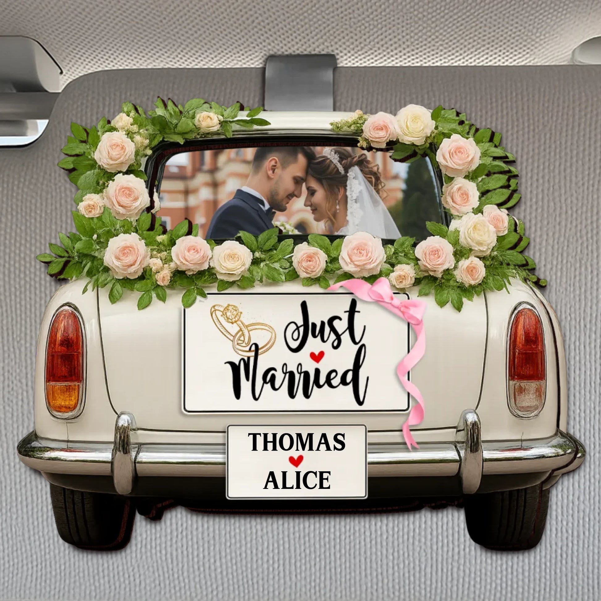 Just Married Personalized Wedding Car Visor Clip With Photo And Names