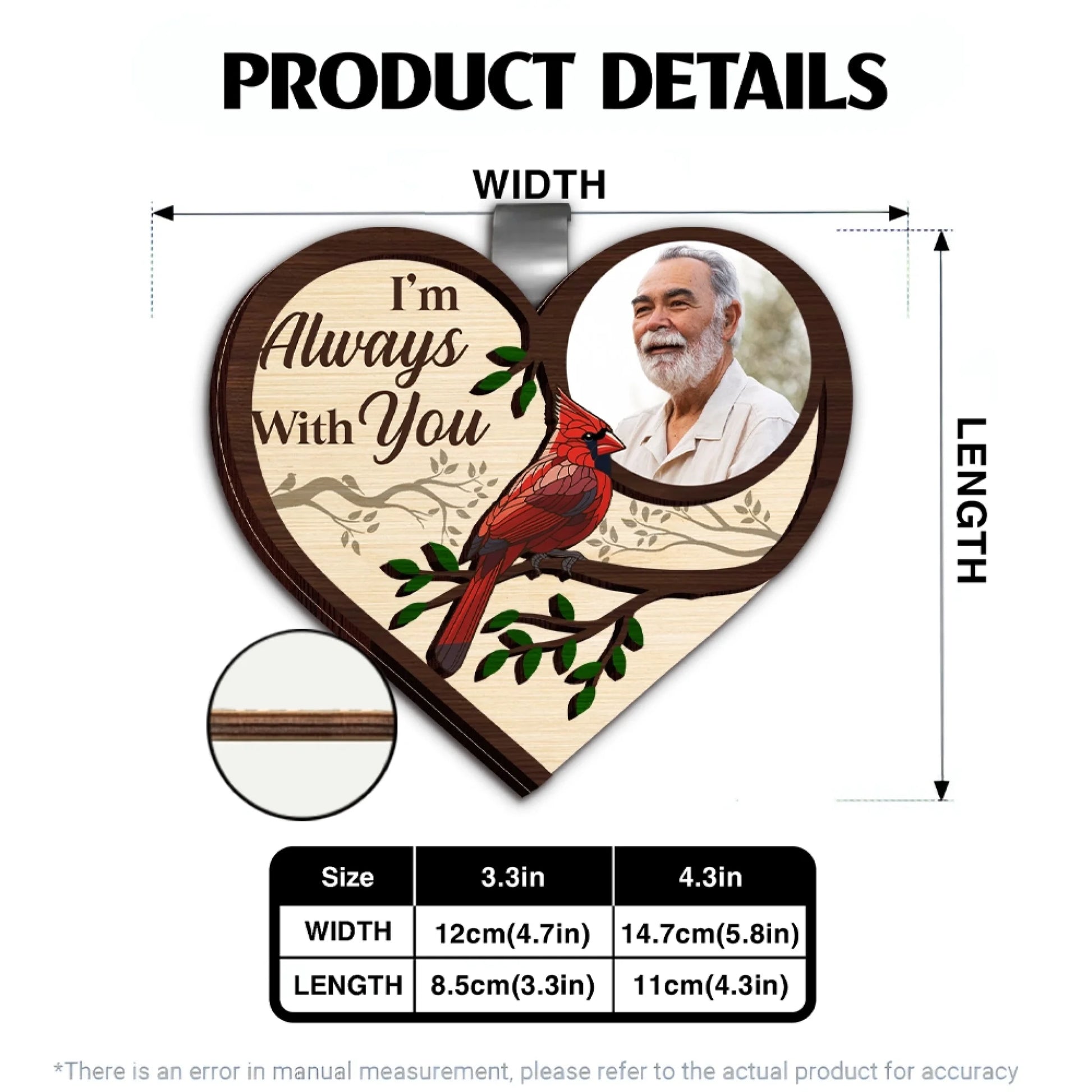 Personalized wooden car visor clip product details and size guide