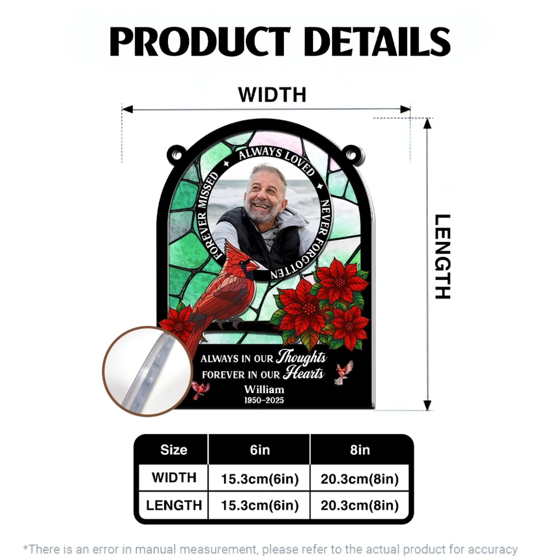 Memorial cardinal suncatcher size and product details