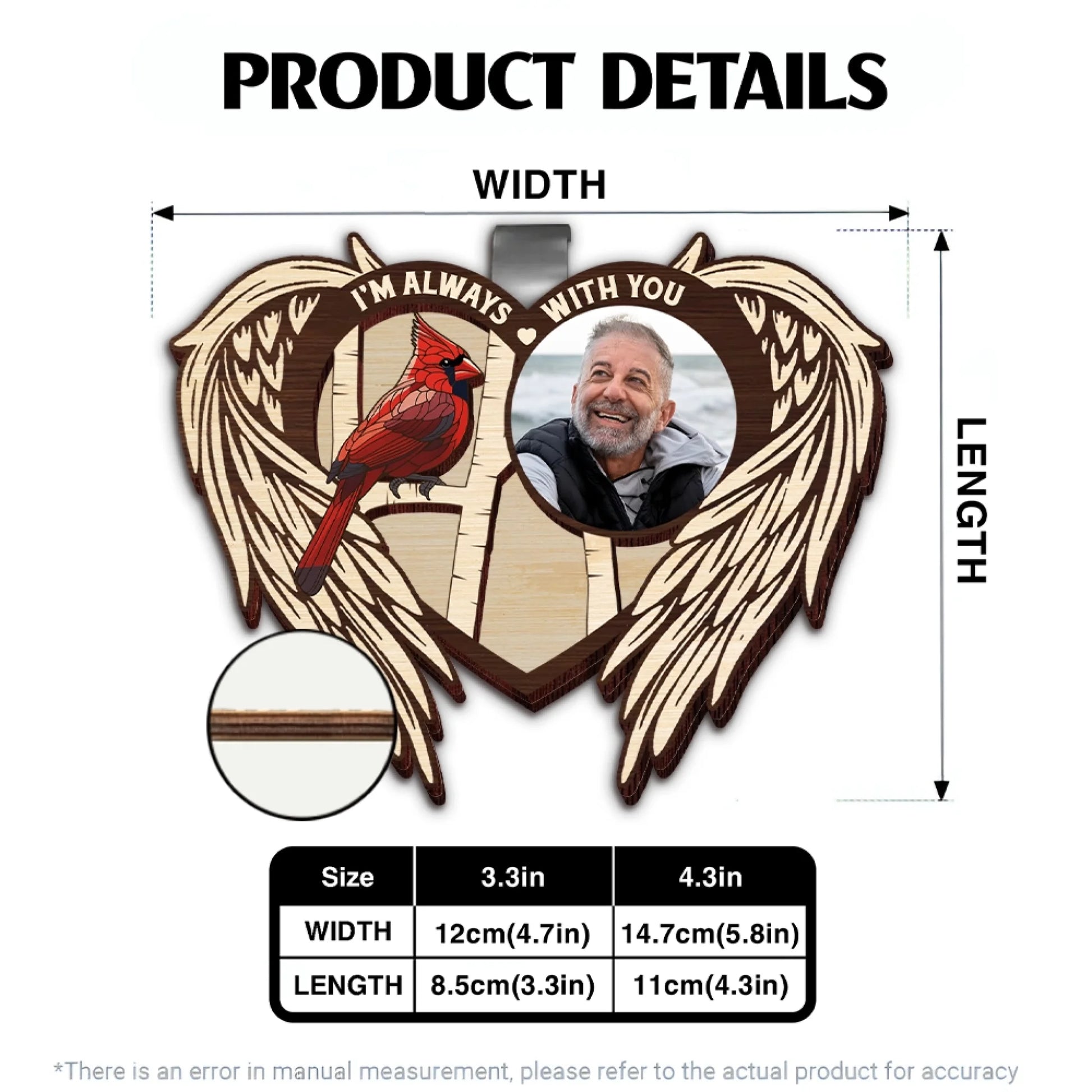 Personalized wooden car visor clip product details and sizing guide