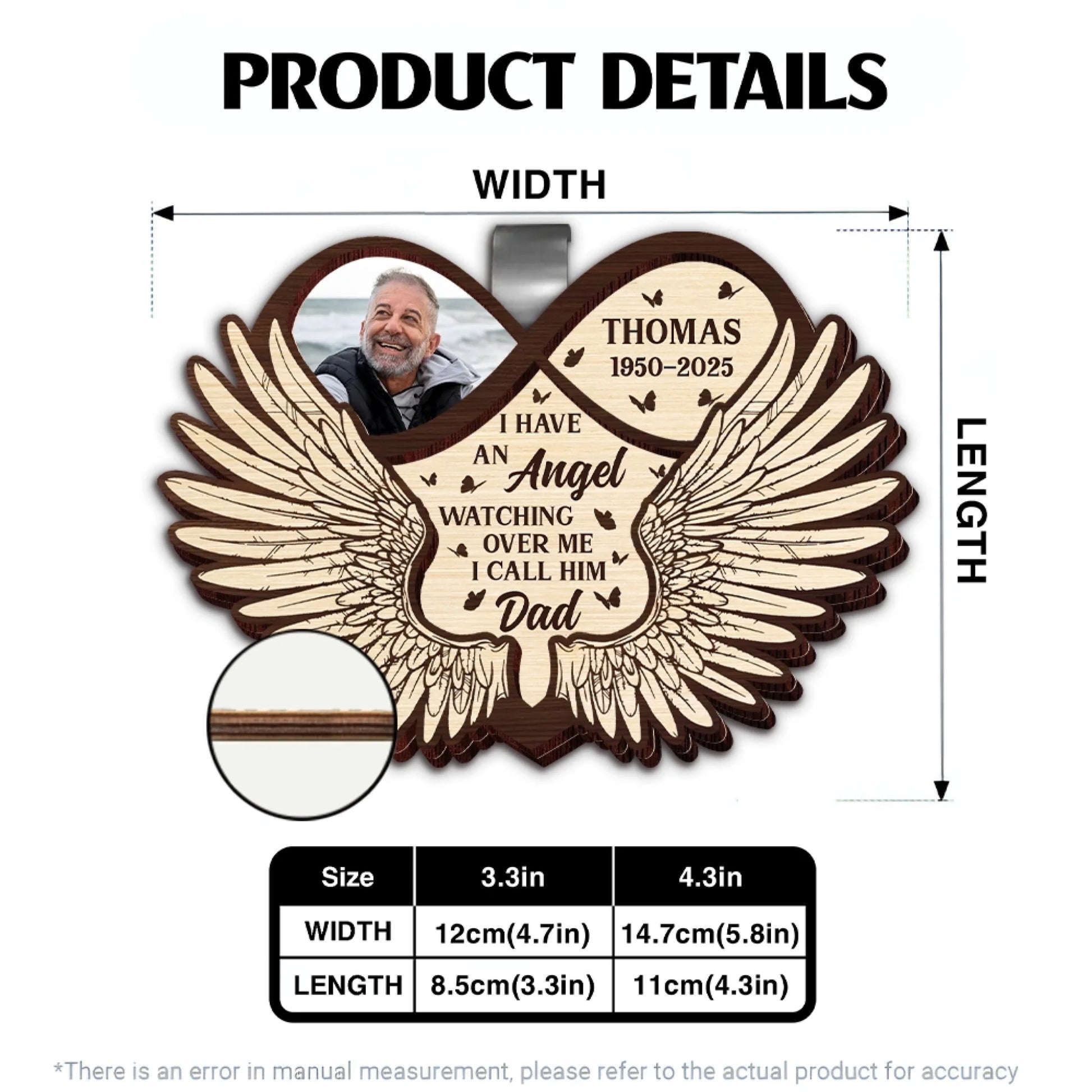 Personalized memorial car visor clip product details and size information