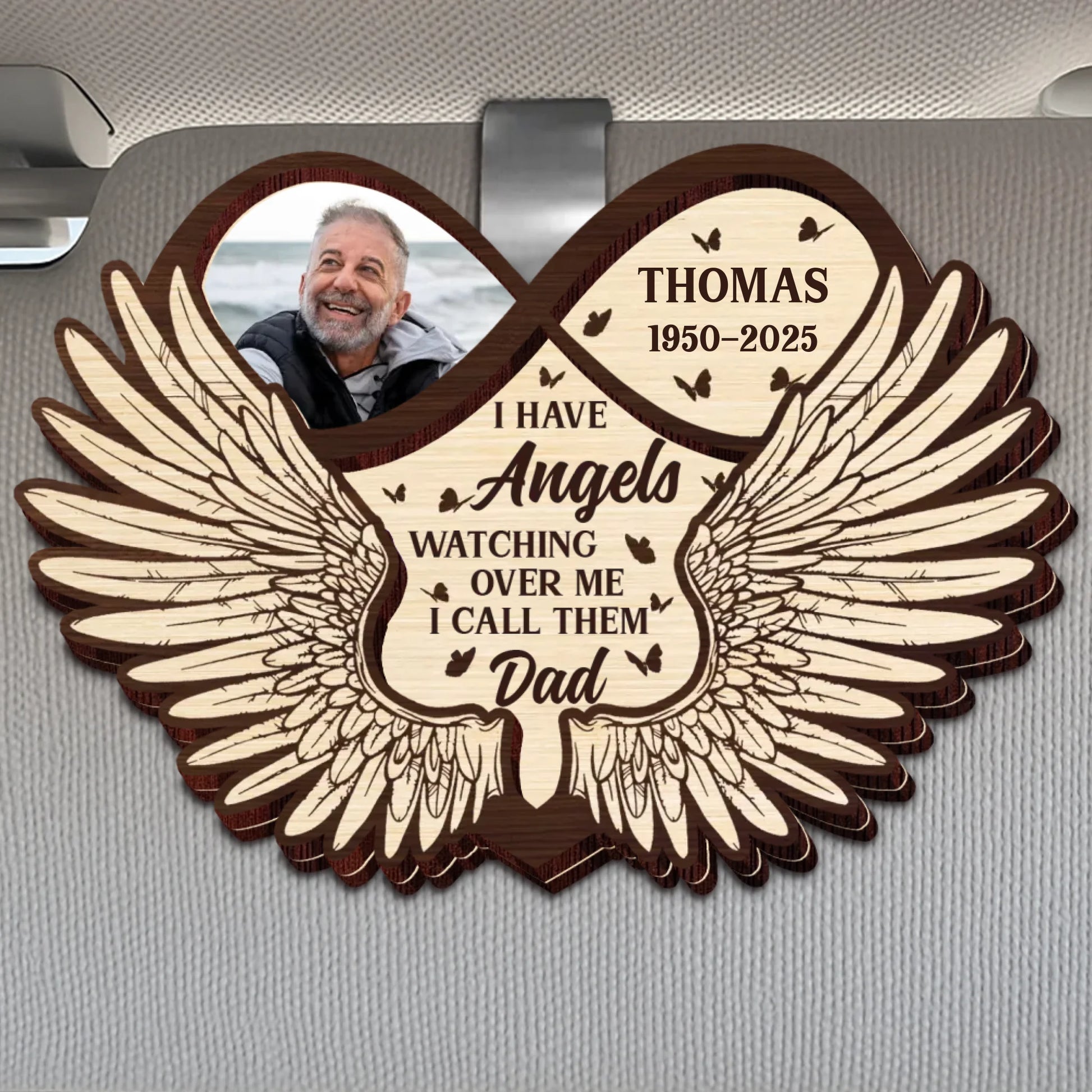 Angel Watching Over Me personalized memorial car visor clip with photo and angel wings