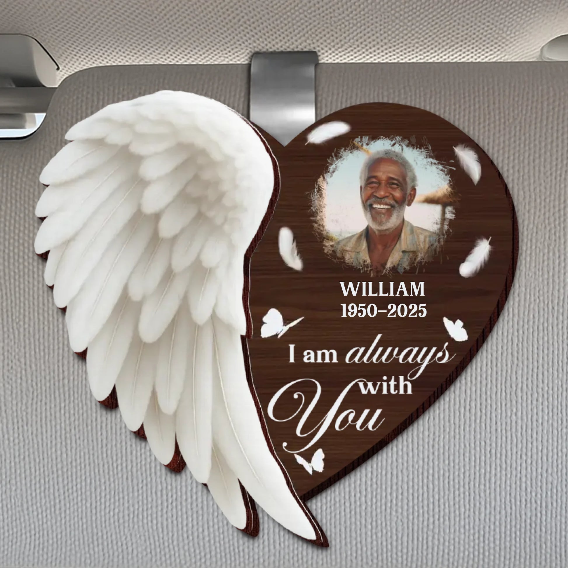 Always With You personalized memorial car visor clip with photo and angel wings