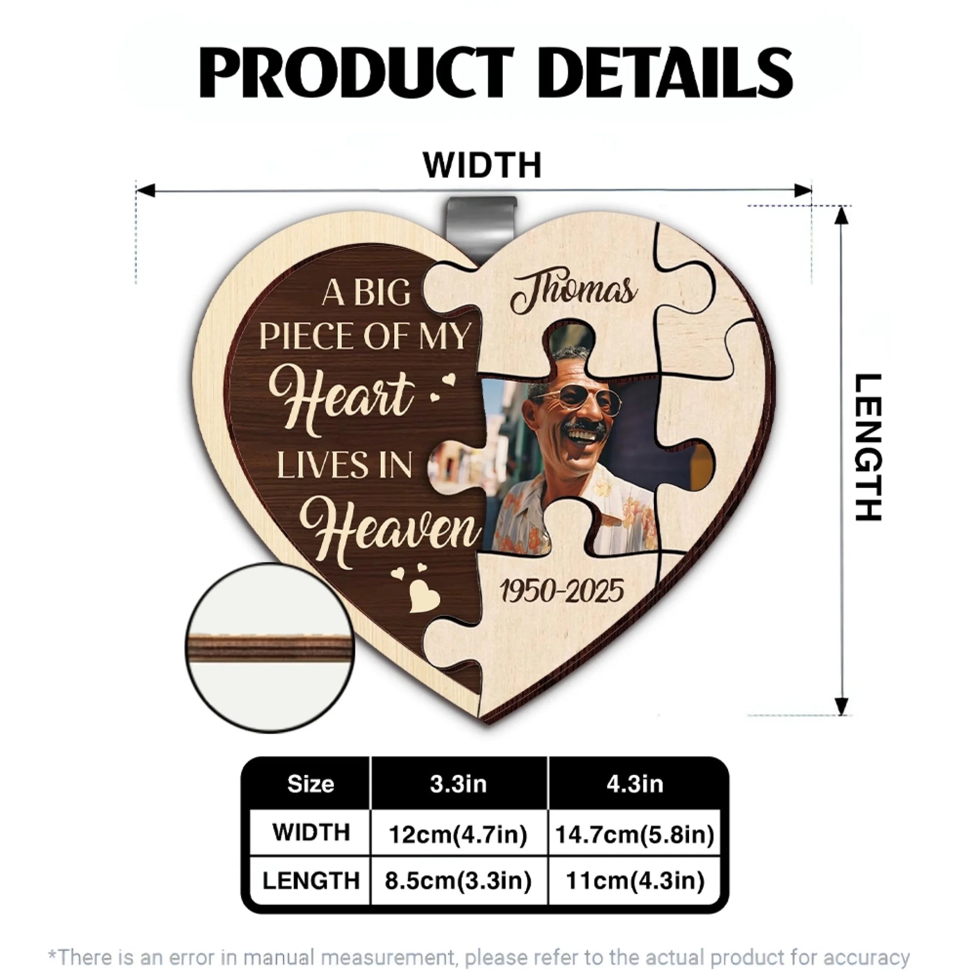 Personalized memorial visor clip size chart and product specifications