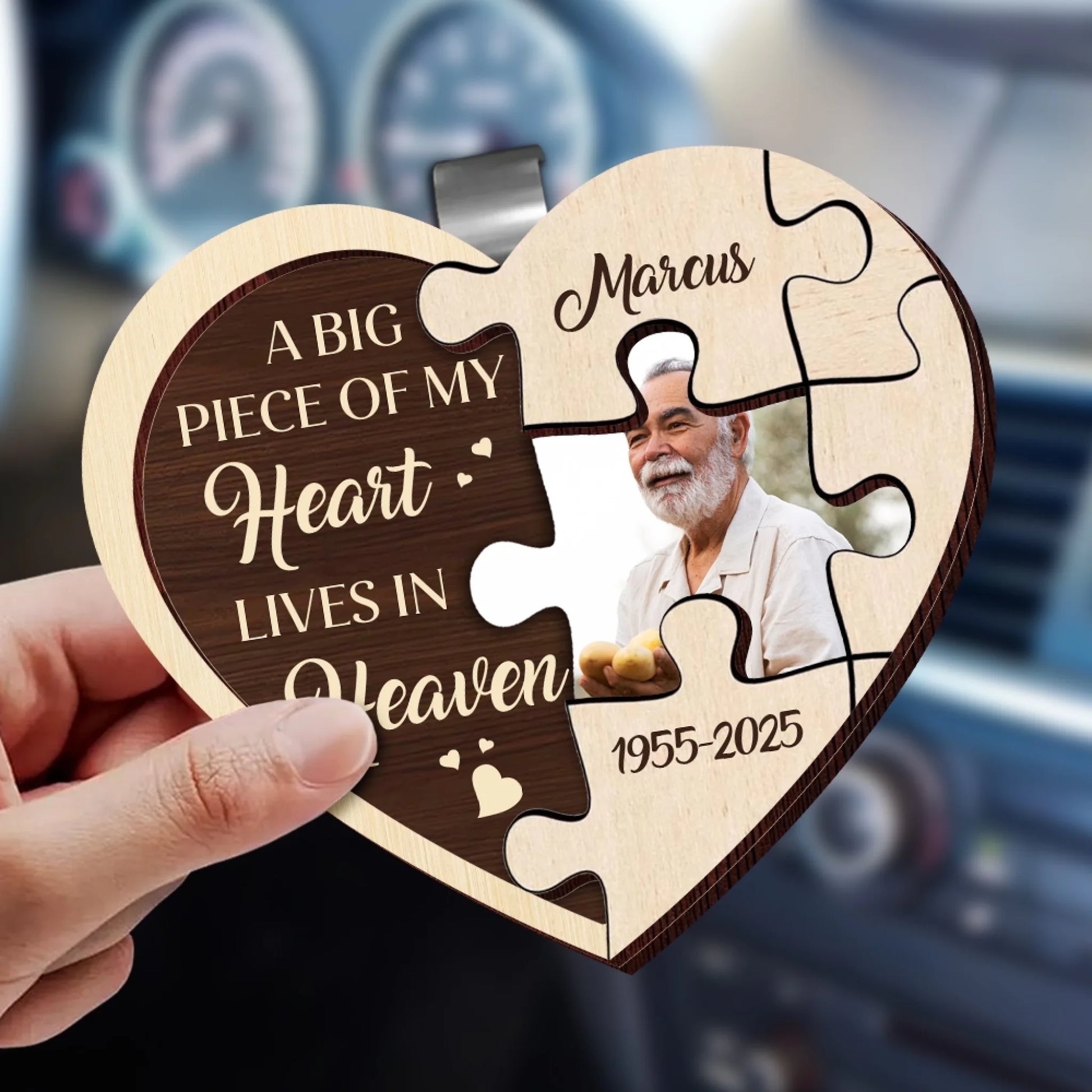 Wooden memorial car visor clip attached inside vehicle with custom photo
