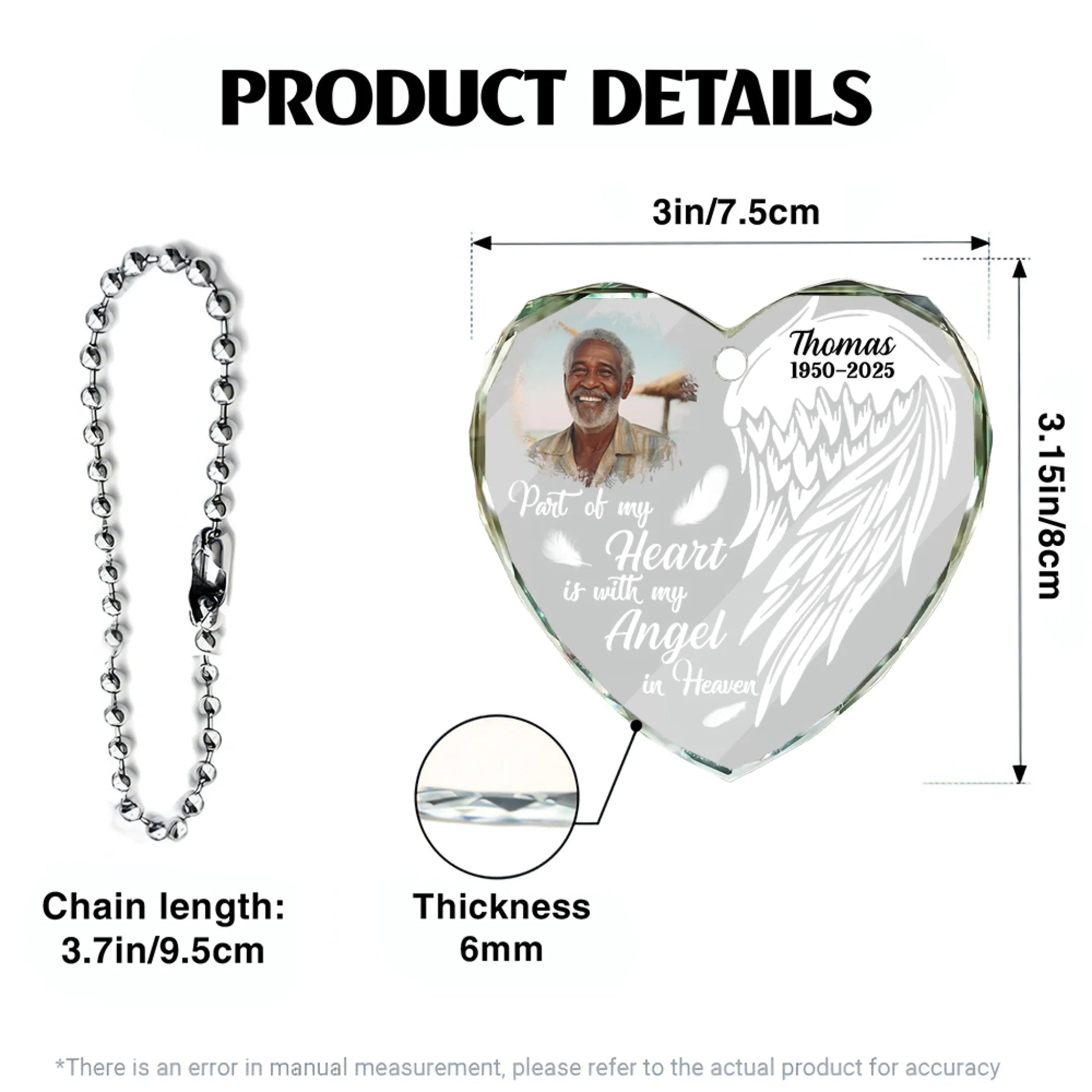 Heart shaped glass car hanger size chart and product specifications
