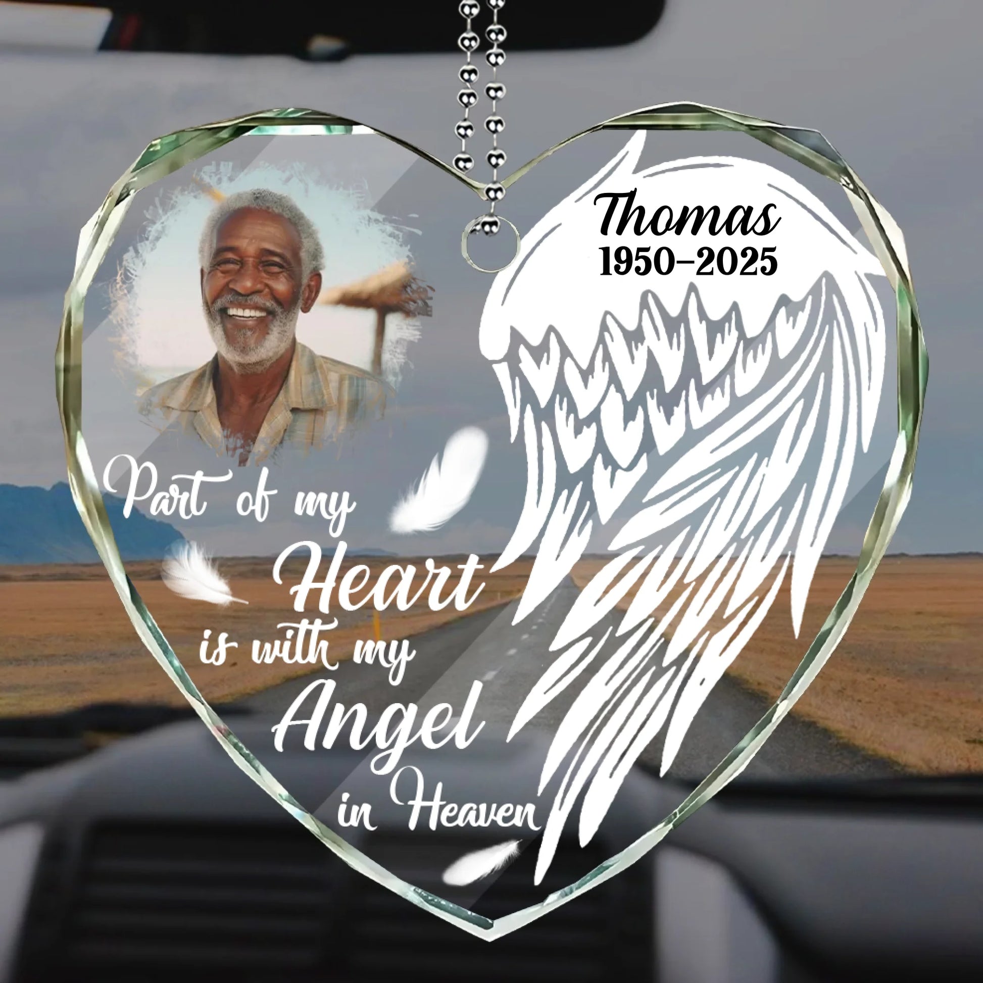 Personalized heart shaped memorial glass car hanger with photo and My Angel In Heaven quote