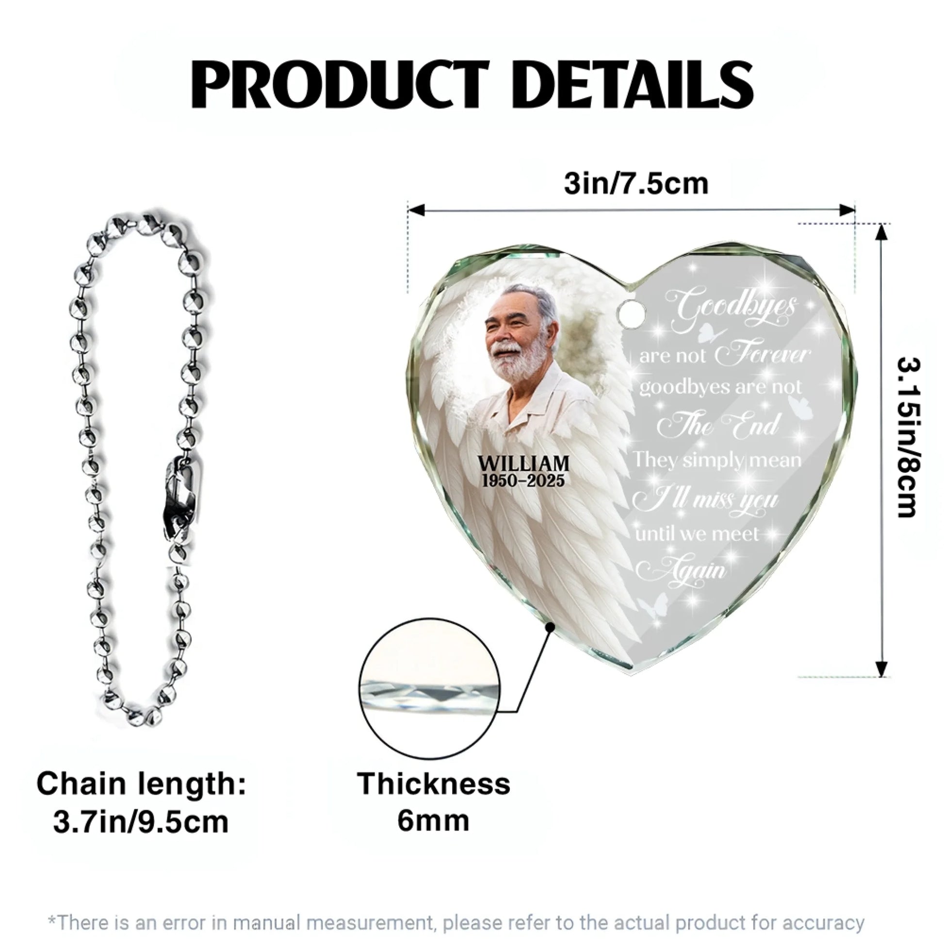 Heart shaped glass car hanger size chart and product specifications