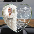 Personalized heart shaped memorial glass car hanger with photo and Goodbyes Aren't Forever quote