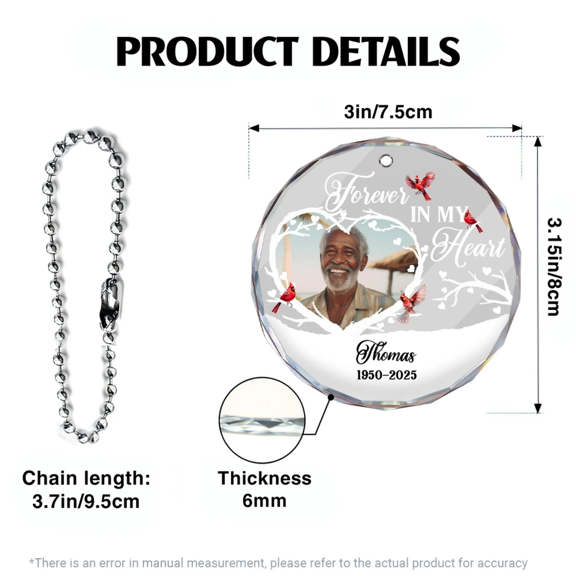 Forever In My Heart glass car hanger size chart and product details
