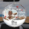Personalized memorial glass car hanger with custom photo and Forever In My Heart quote