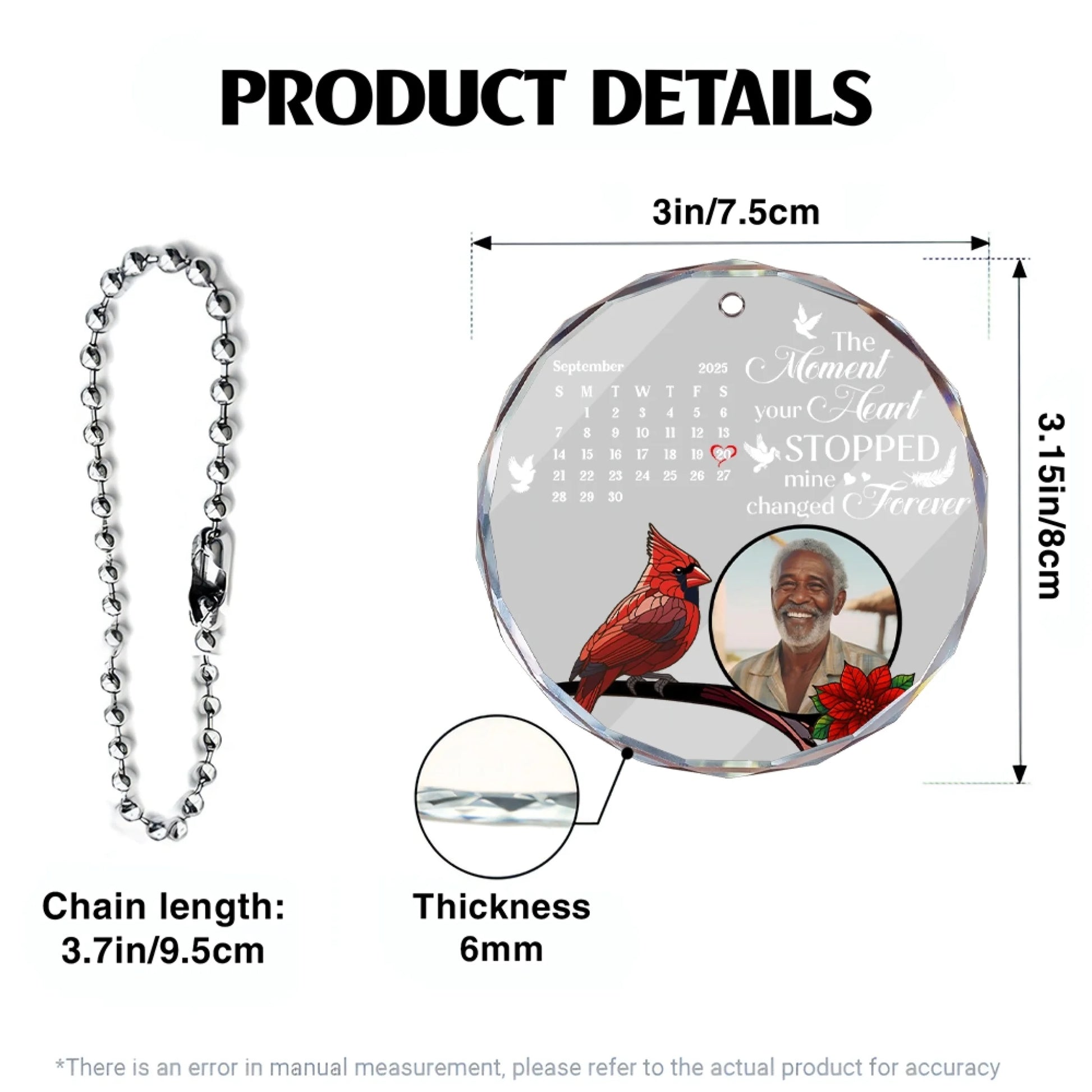 Memorial glass car hanger size chart and product specifications