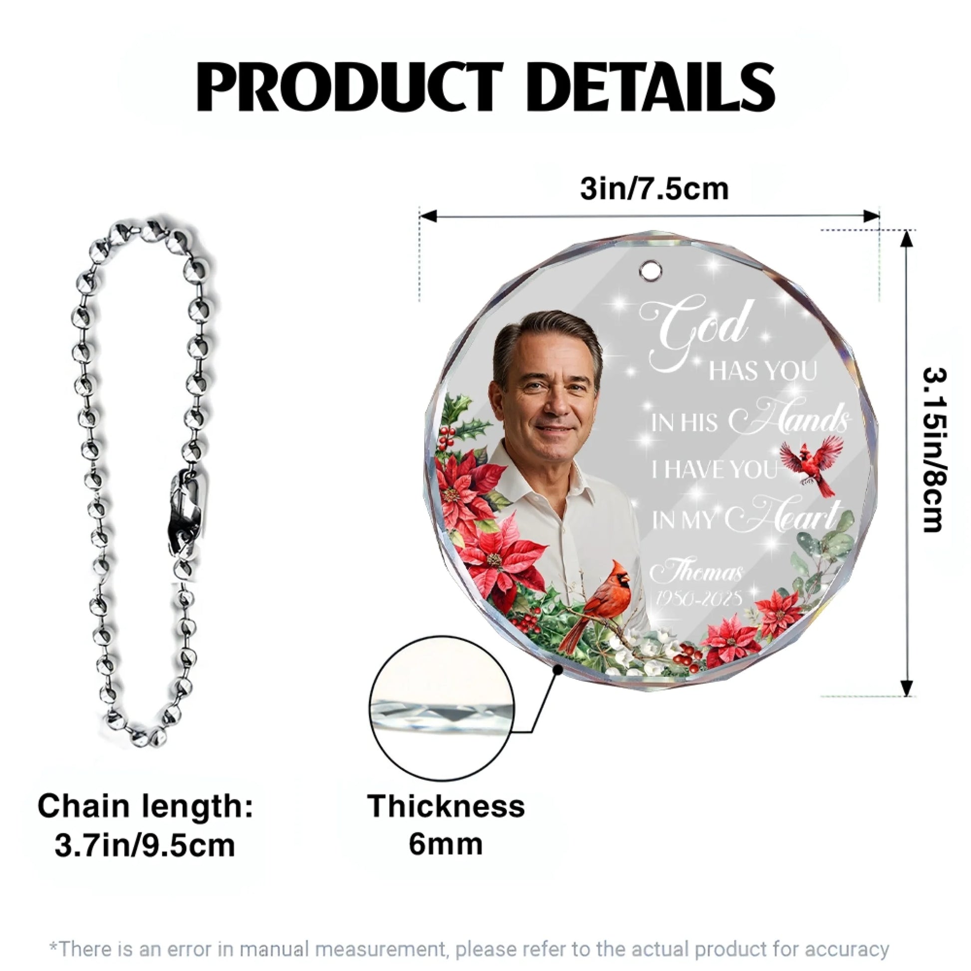 Glass memorial car hanger size chart and product specifications