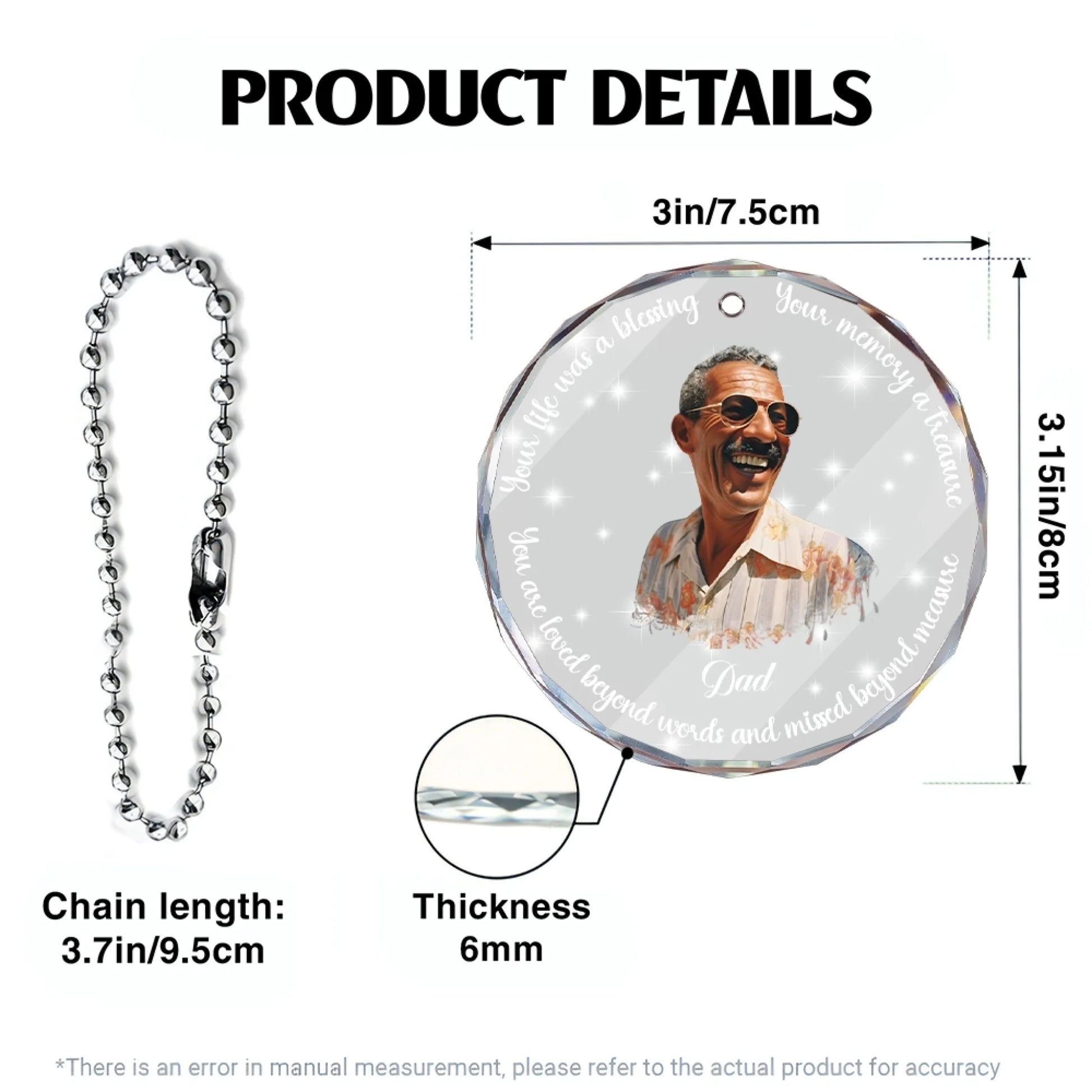 Glass memorial car hanger size chart and product specifications