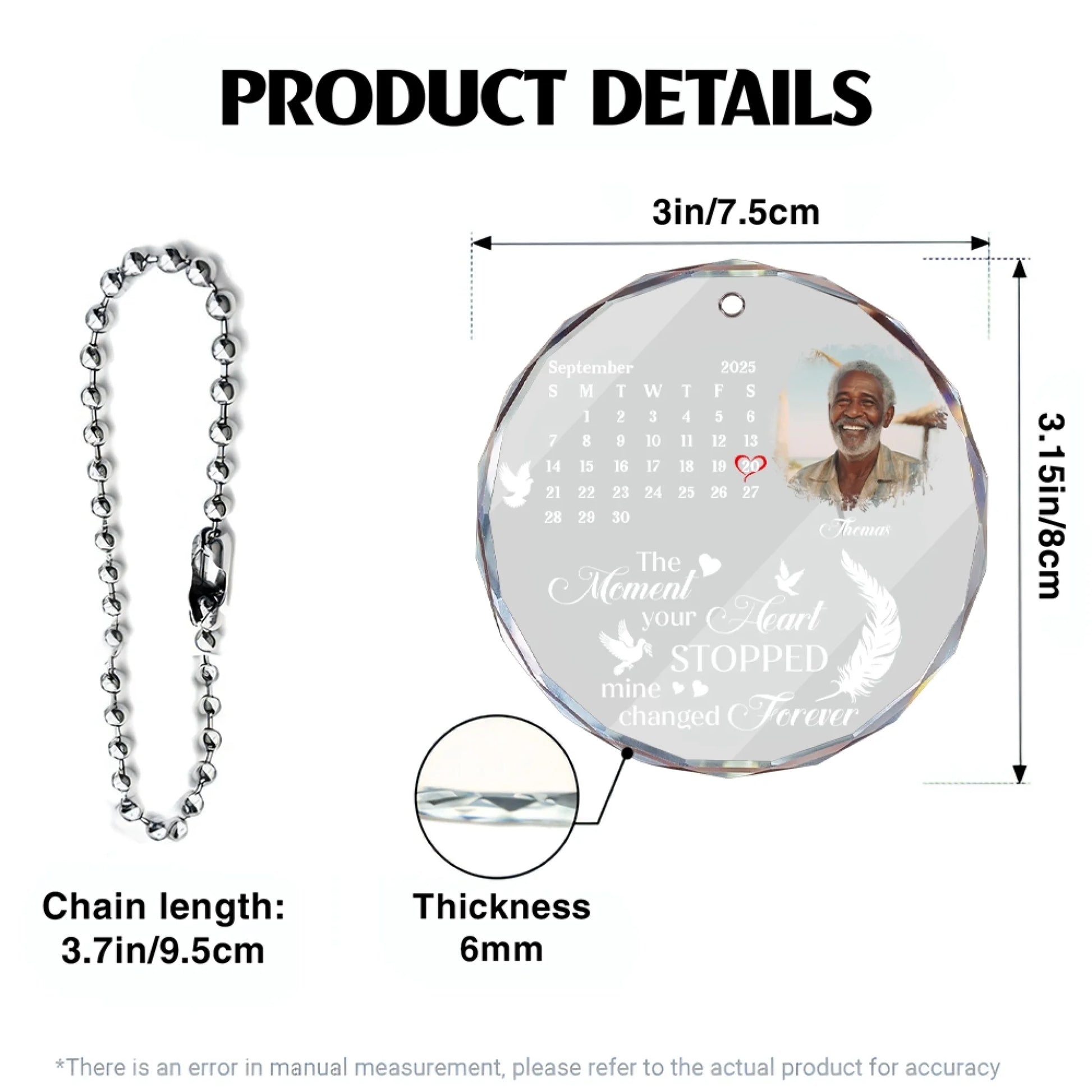 Glass memorial car hanger size chart and product specifications