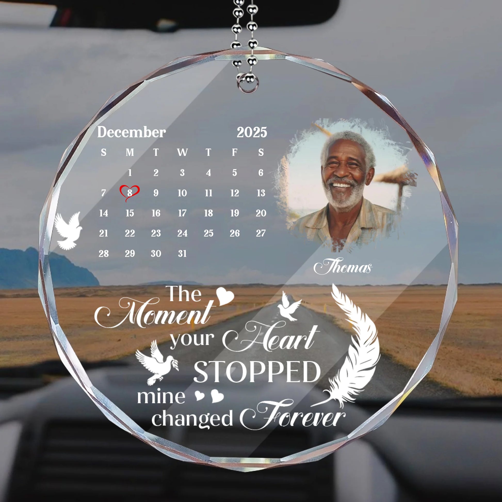 Personalized memorial glass car hanger with photo and remembrance calendar design