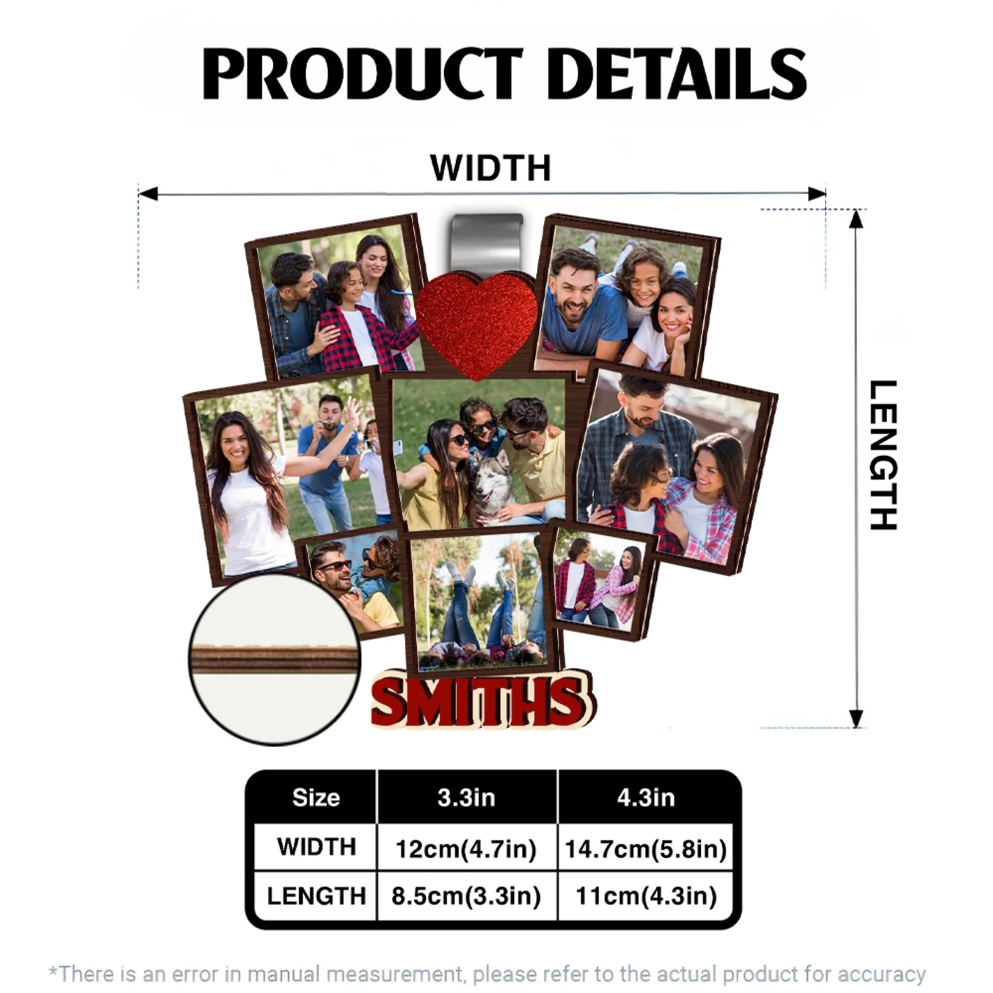 Personalized car visor clip size chart and product details