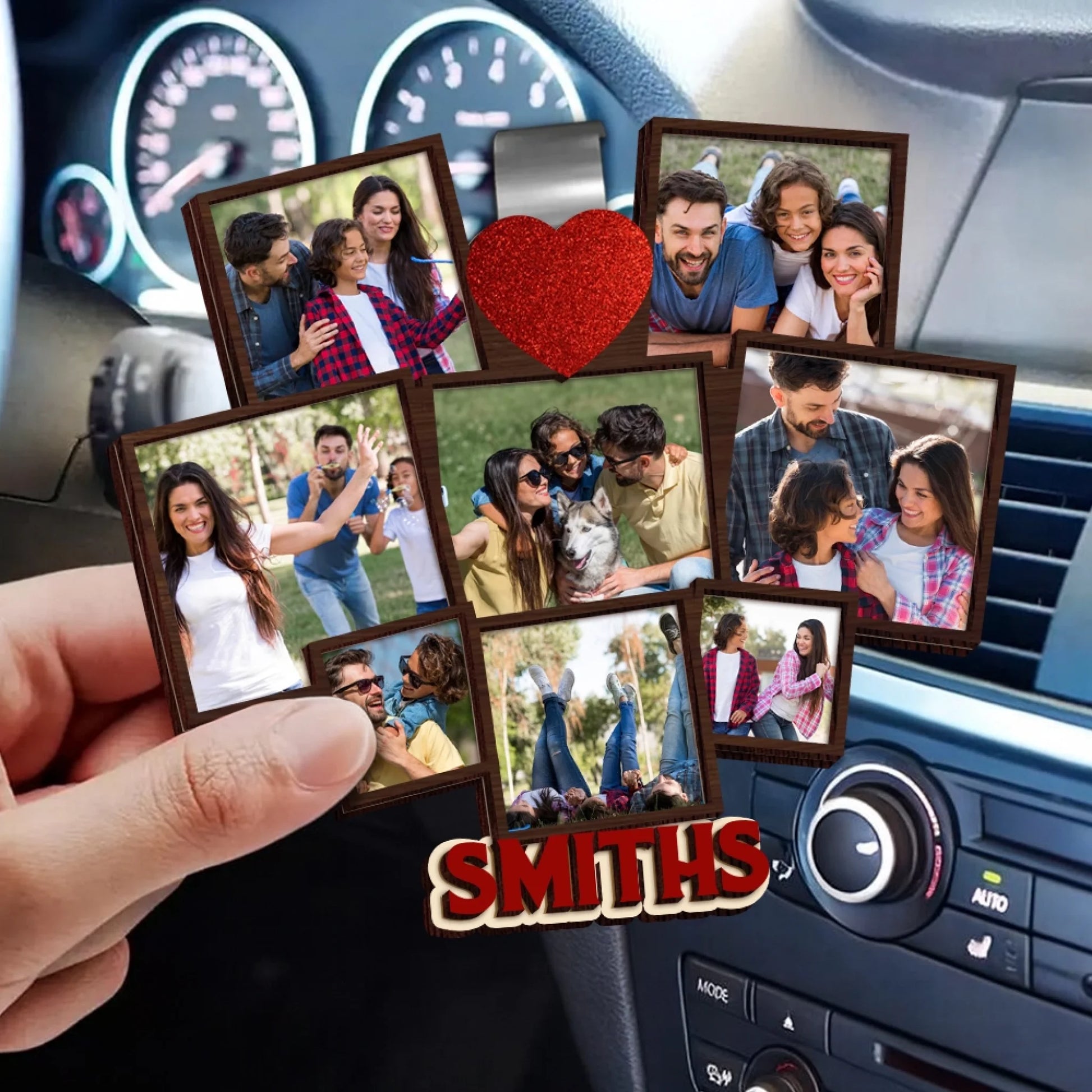 Family photo car visor clip displayed inside vehicle