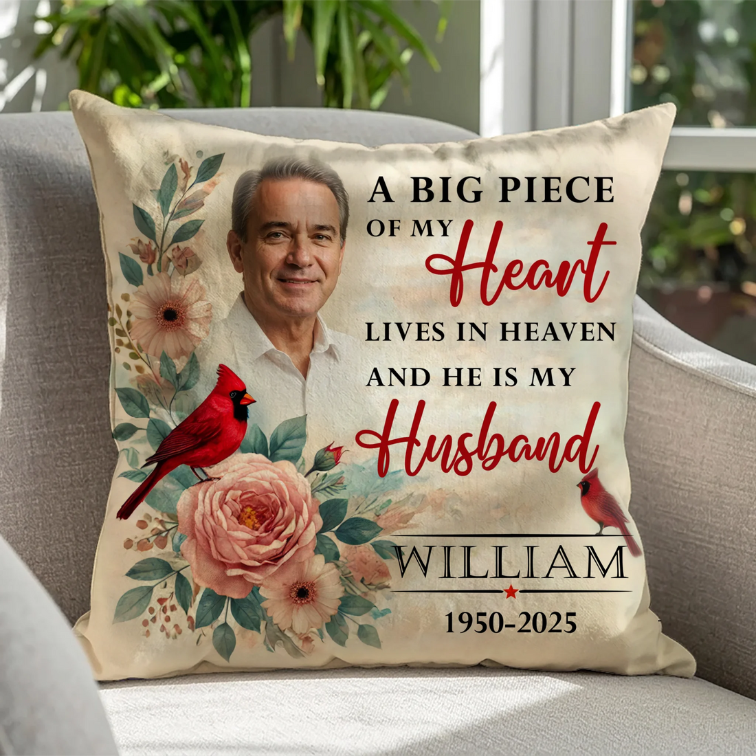 Personalized memorial throw pillow with photo and cardinal remembrance design