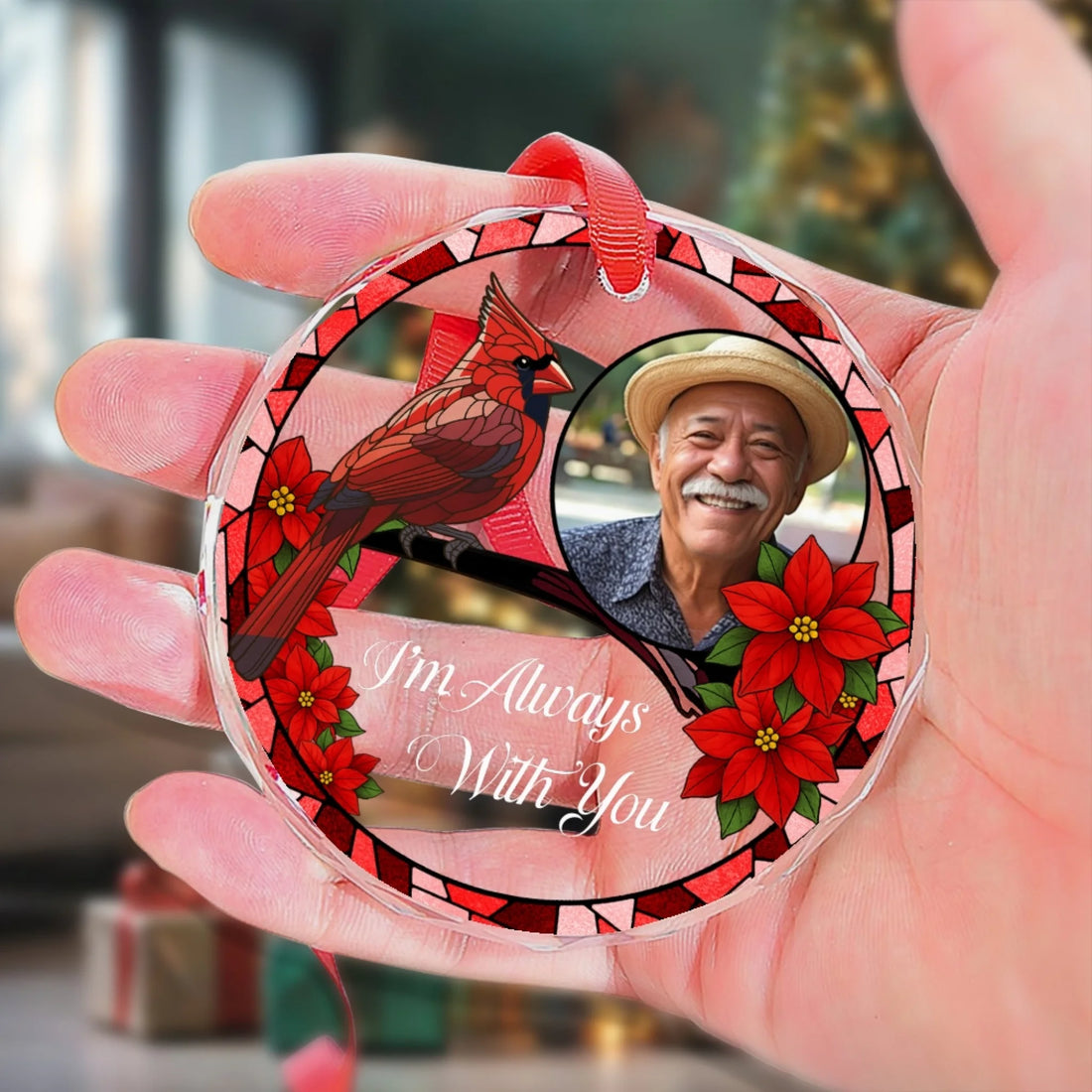 Personalized memorial glass ornament with photo and cardinal remembrance design