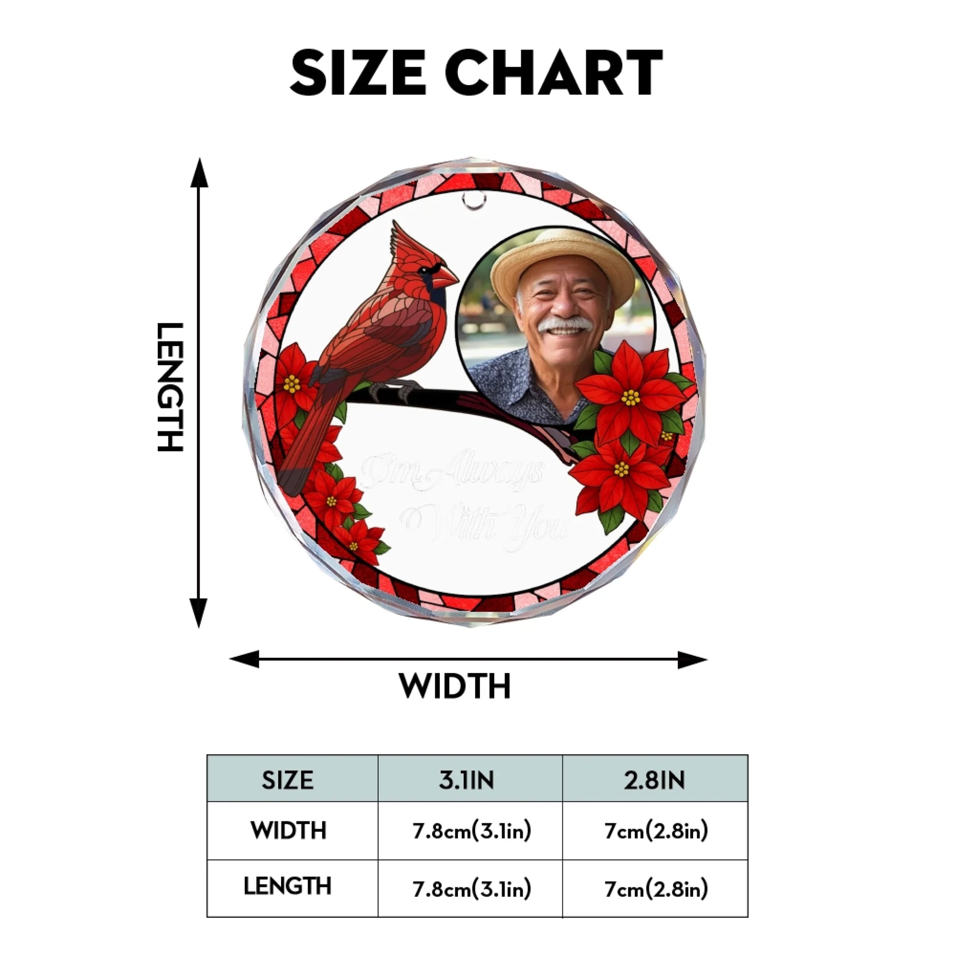 Memorial glass ornament size chart and product specifications