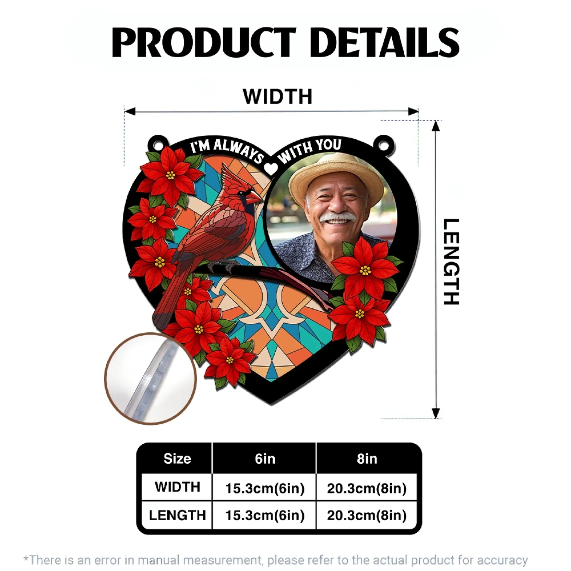 Personalized cardinal memorial suncatcher size guide and dimensions