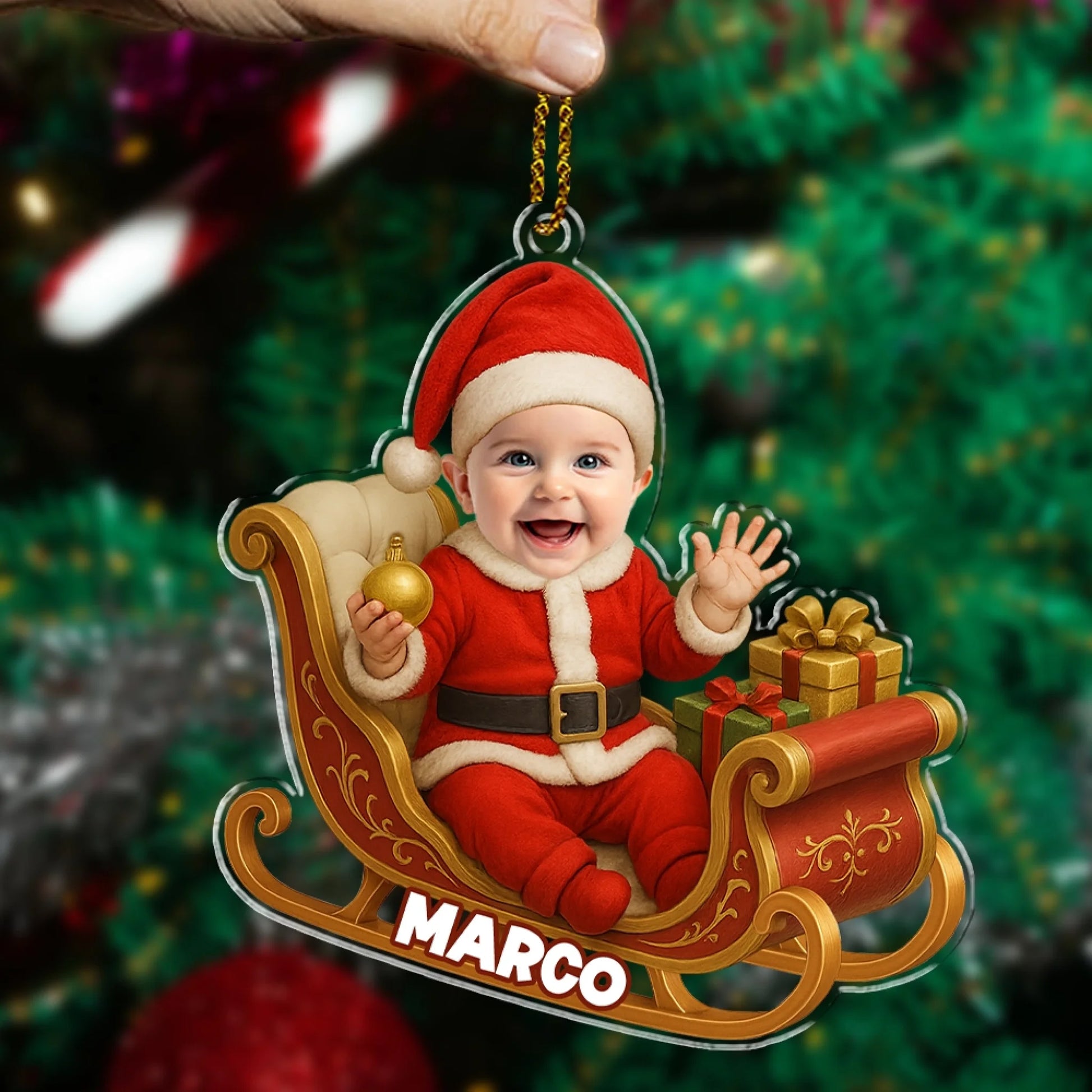 Custom Baby Photo Christmas Ornament In Santa Sleigh Design