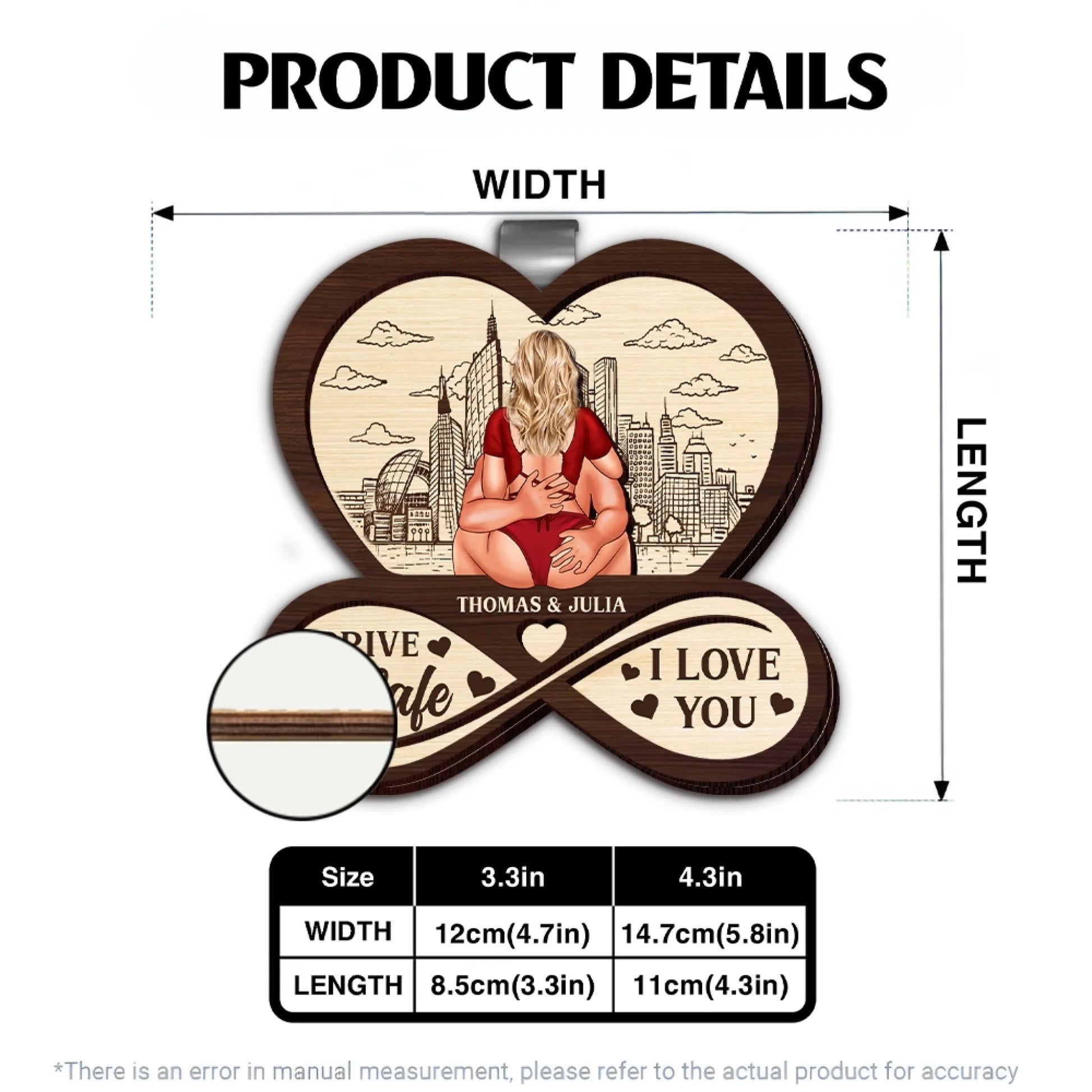 Personalized car visor clip size chart and product specifications