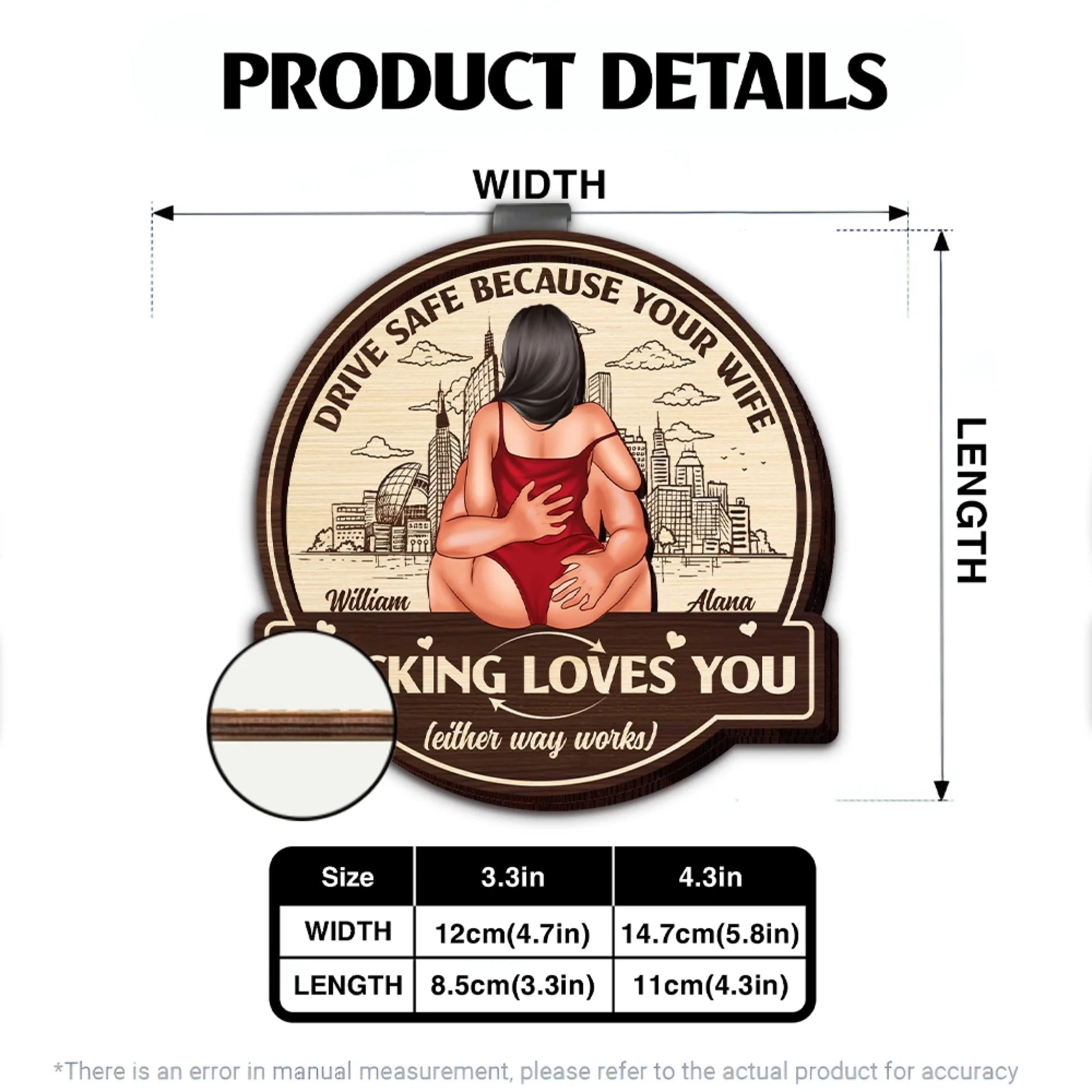Personalized car visor clip size chart and product details
