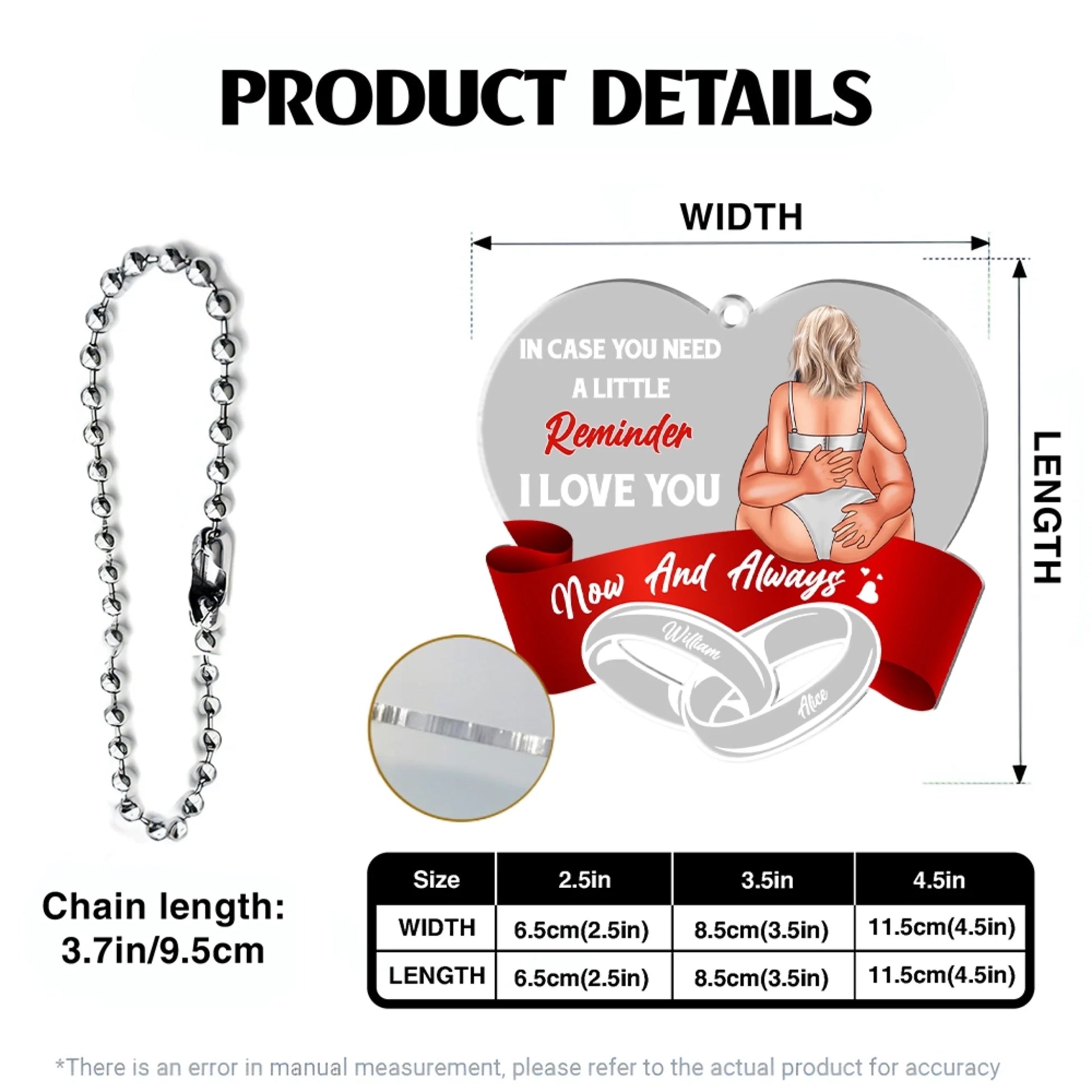Personalized acrylic car hanger size chart and product details