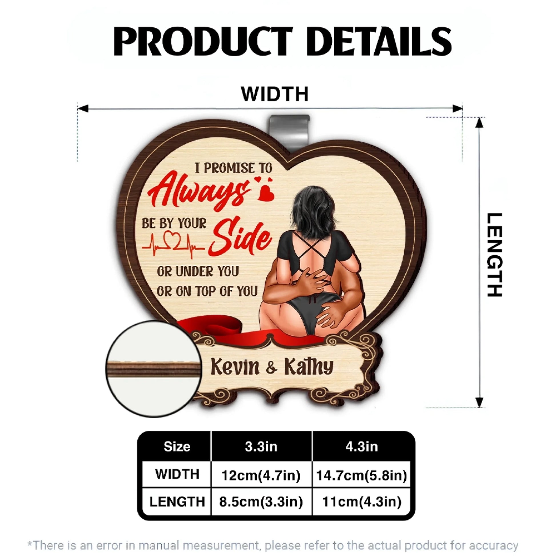 Personalized car visor clip size chart and product specifications