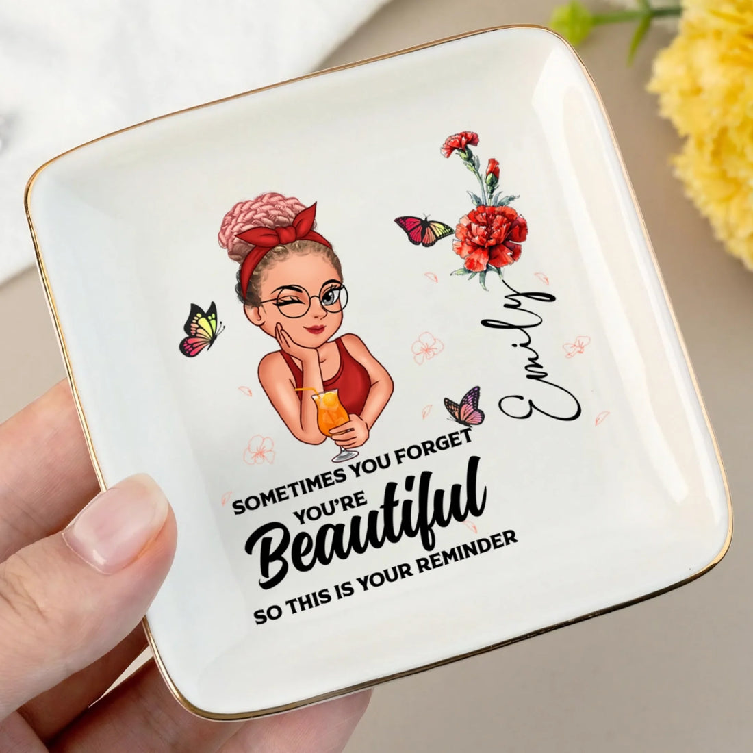 Personalized Birth Flower Ceramic Ring Dish For Daughter With Custom Name