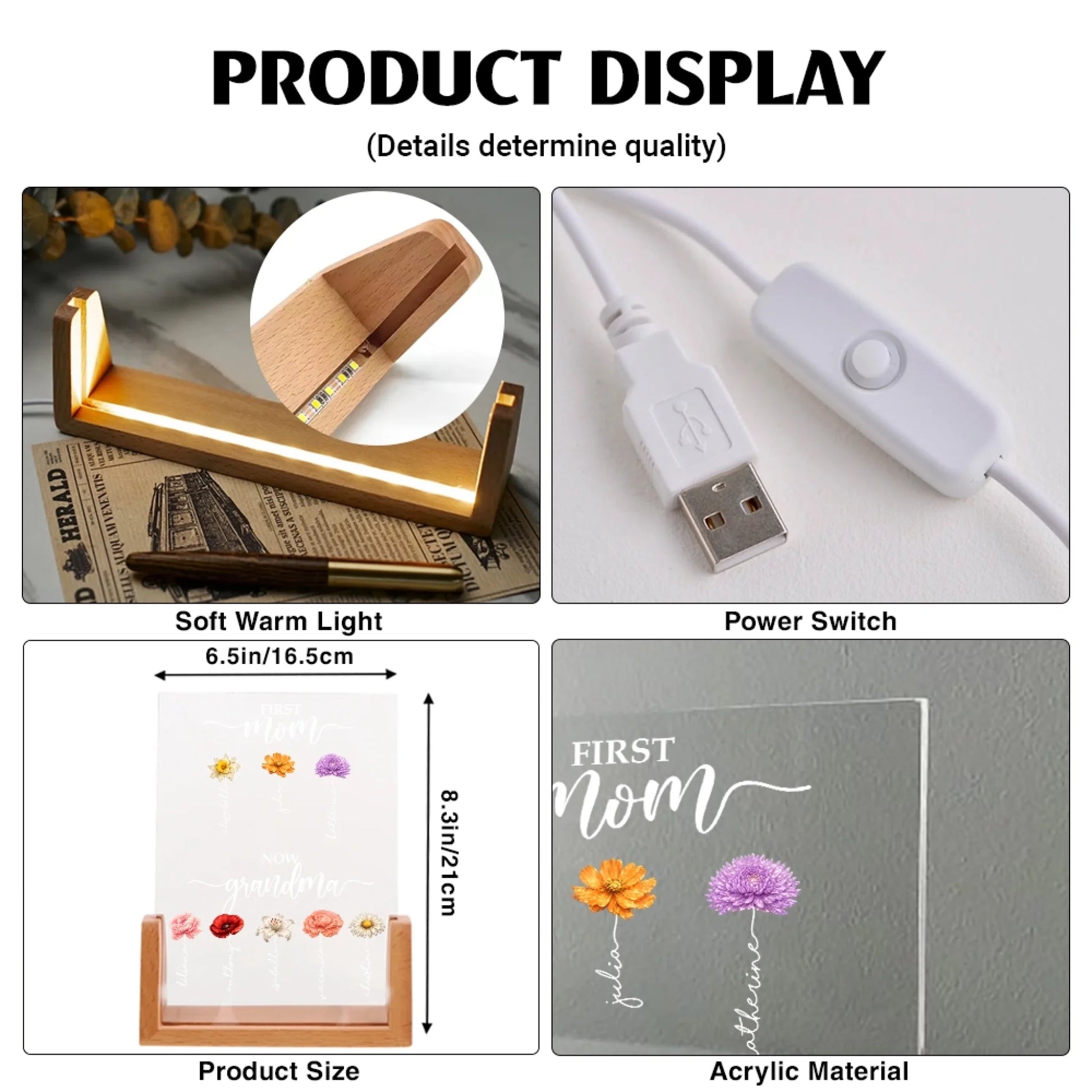 First Mom Now Grandma Acrylic Night Light Product Details and Personalization Options