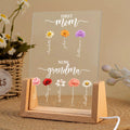 Personalized Grandma Night Light Displayed on Wooden Base with Birth Flower Design
