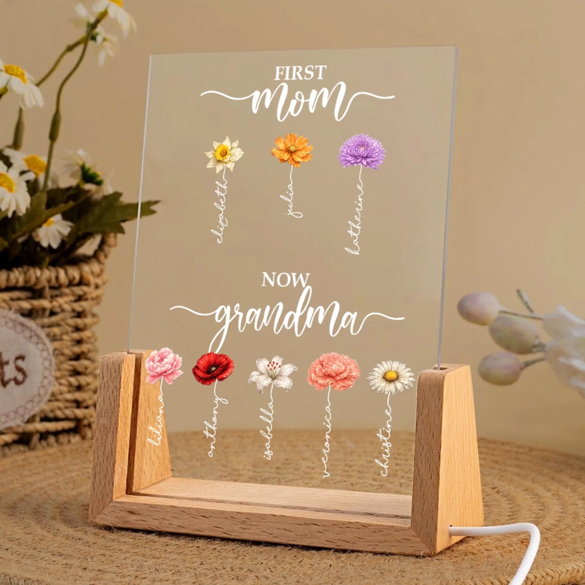 Personalized Grandma Night Light Displayed on Wooden Base with Birth Flower Design