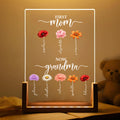 First Mom Now Grandma Personalized Acrylic Night Light with Birth Flowers and Custom Names Gift for Grandma