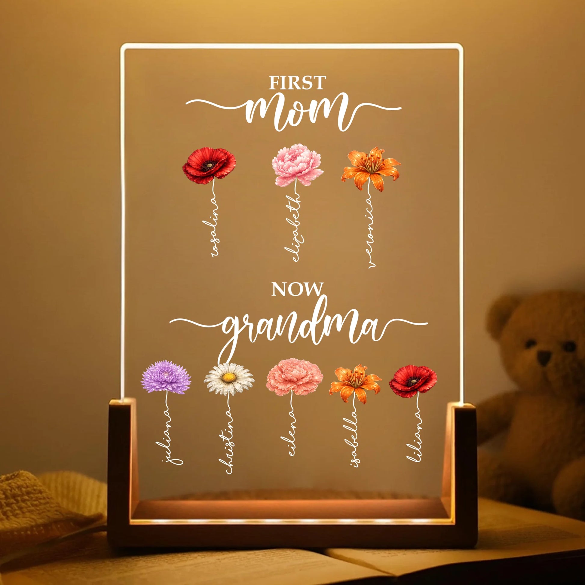 First Mom Now Grandma Personalized Acrylic Night Light with Birth Flowers and Custom Names Gift for Grandma