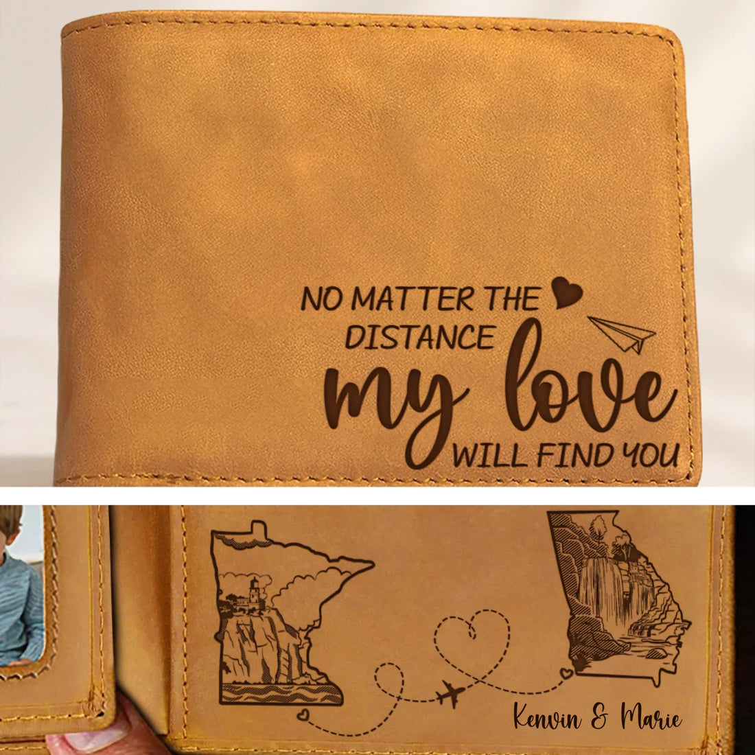 No Matter The Distance - Personalized Men's Leather Wallet