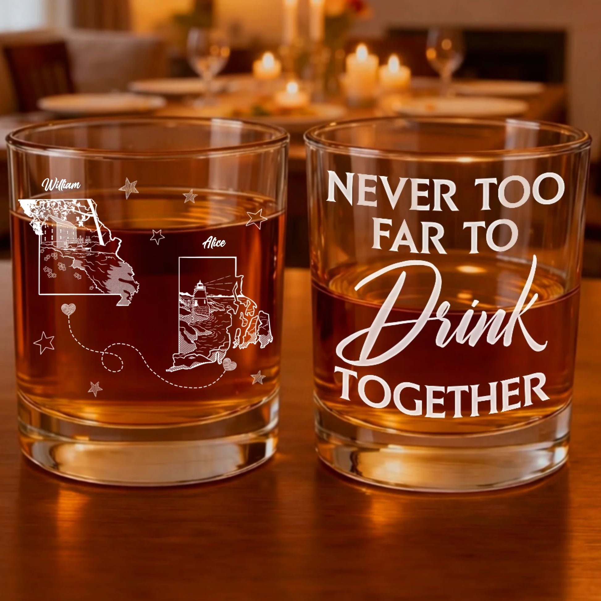 Never Too Far Personalized Whiskey Glass For Long Distance Couples
