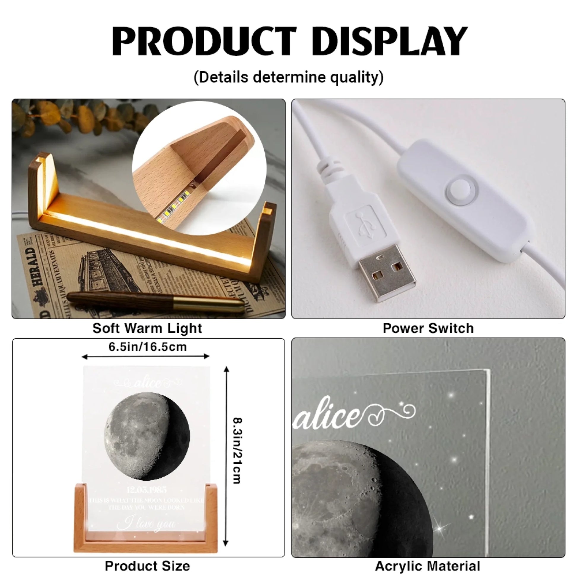 Personalized moon phase acrylic night light size chart and specifications