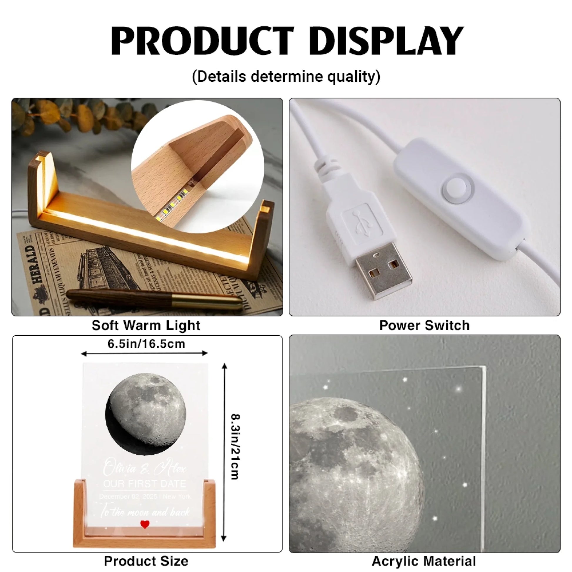 Personalized acrylic night light product details and size chart